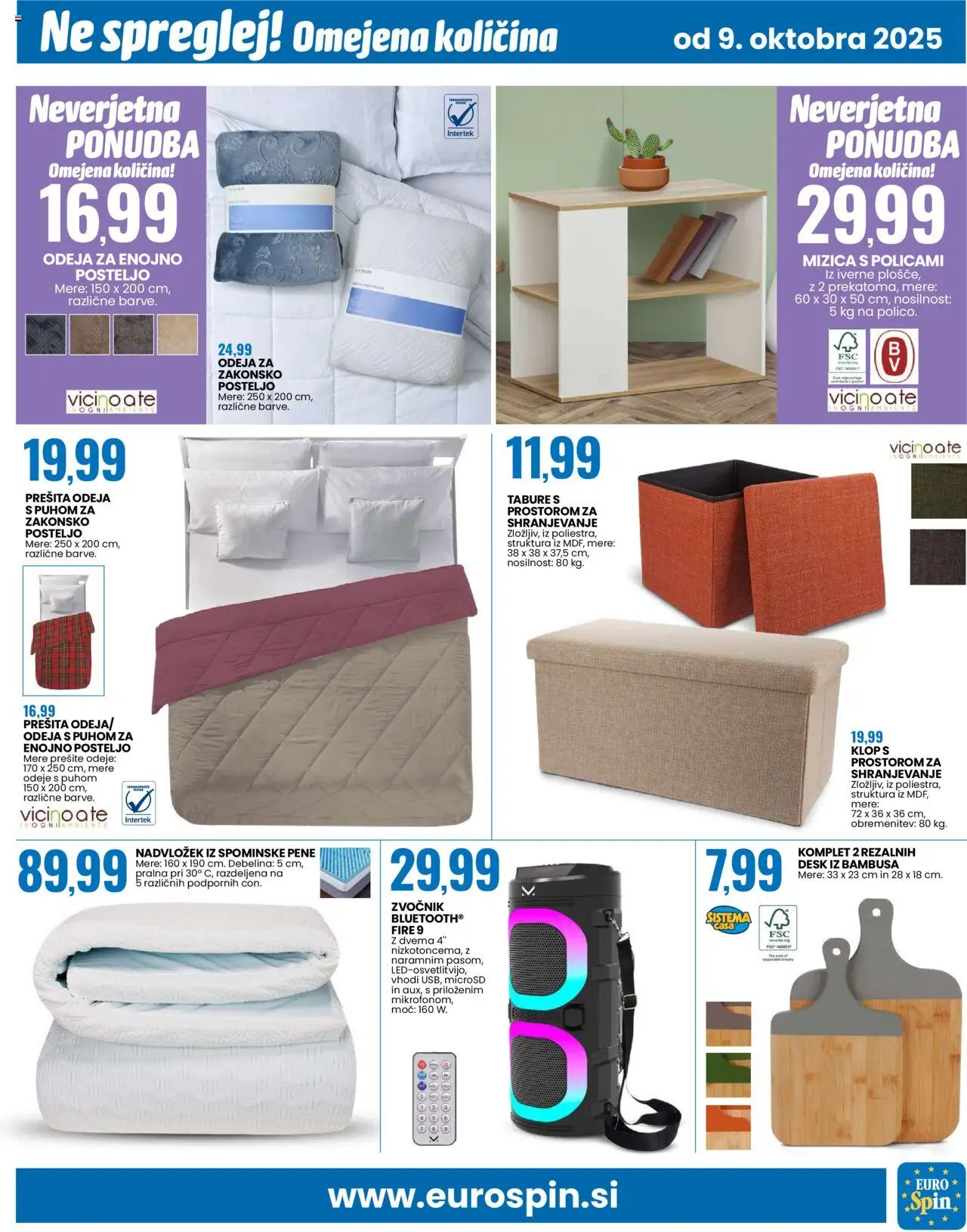 Novi Eurospin katalog ponudbe – veljaven od 09.10.2025 | Stran: 19 | Izdelki: Zvocnik, Prešita odeja, Nadvložek, Odeja