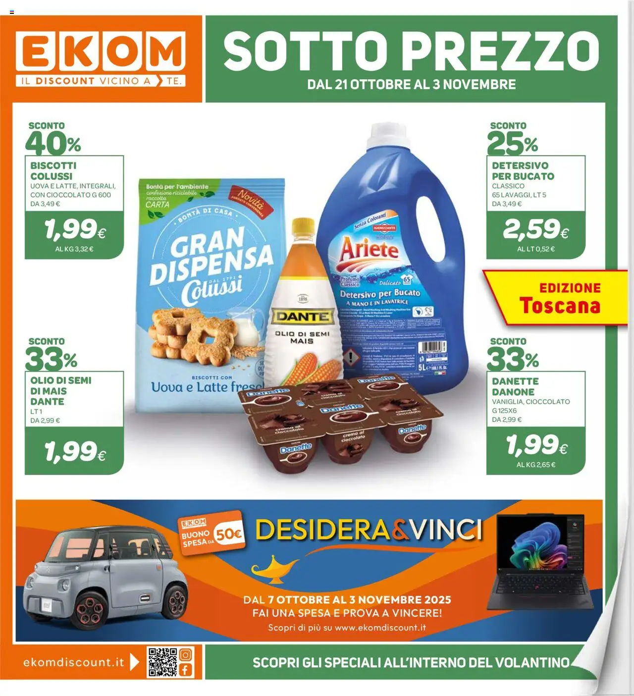 Volantino Ekom del 21.10.2025 | Pagina: 1 | Prodotti: Crema, Latte, Olio, Mais