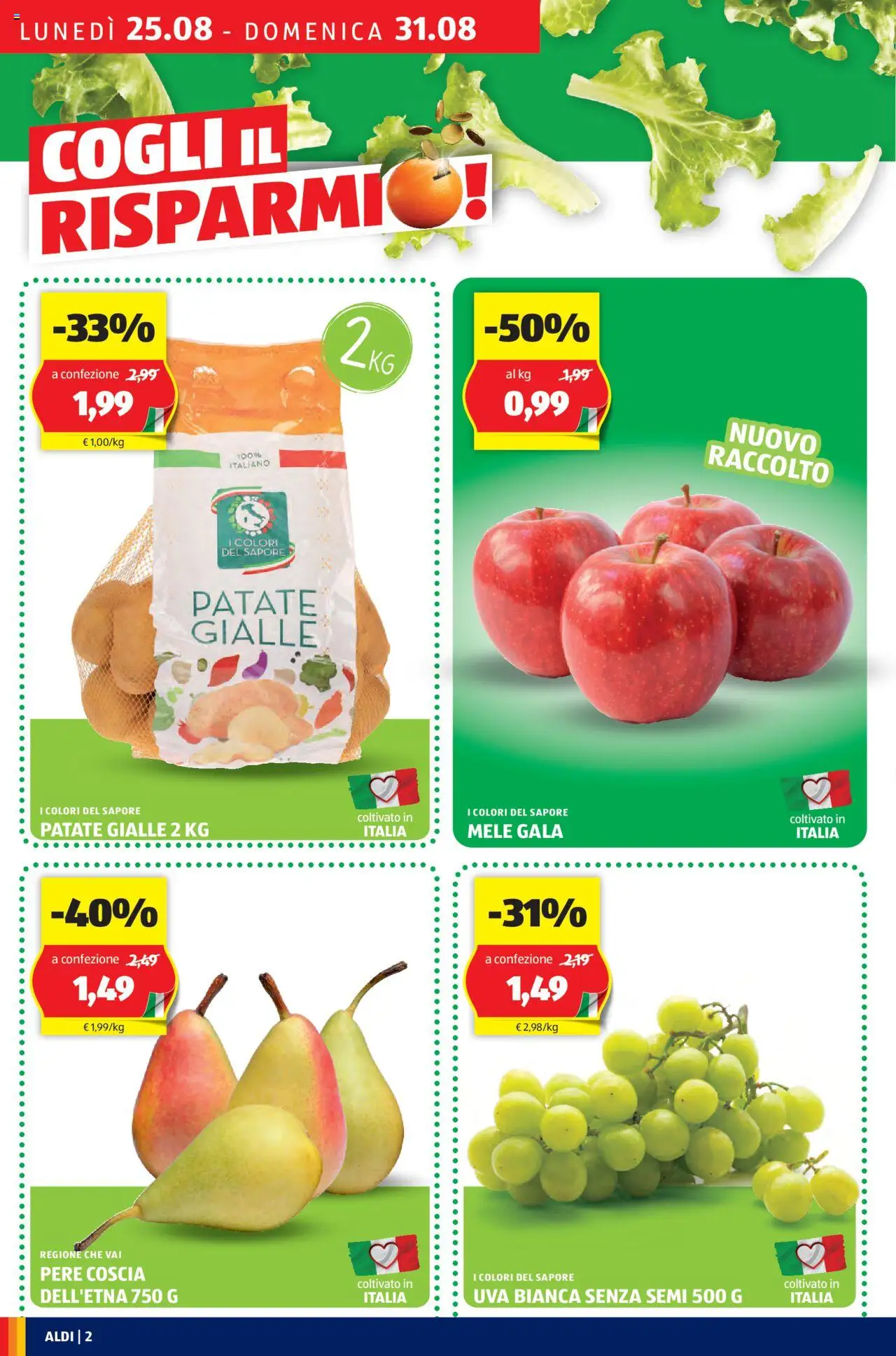 Volantino Aldi del 25.08.2025 | Pagina: 2 | Prodotti: Mele, Patate, Uva