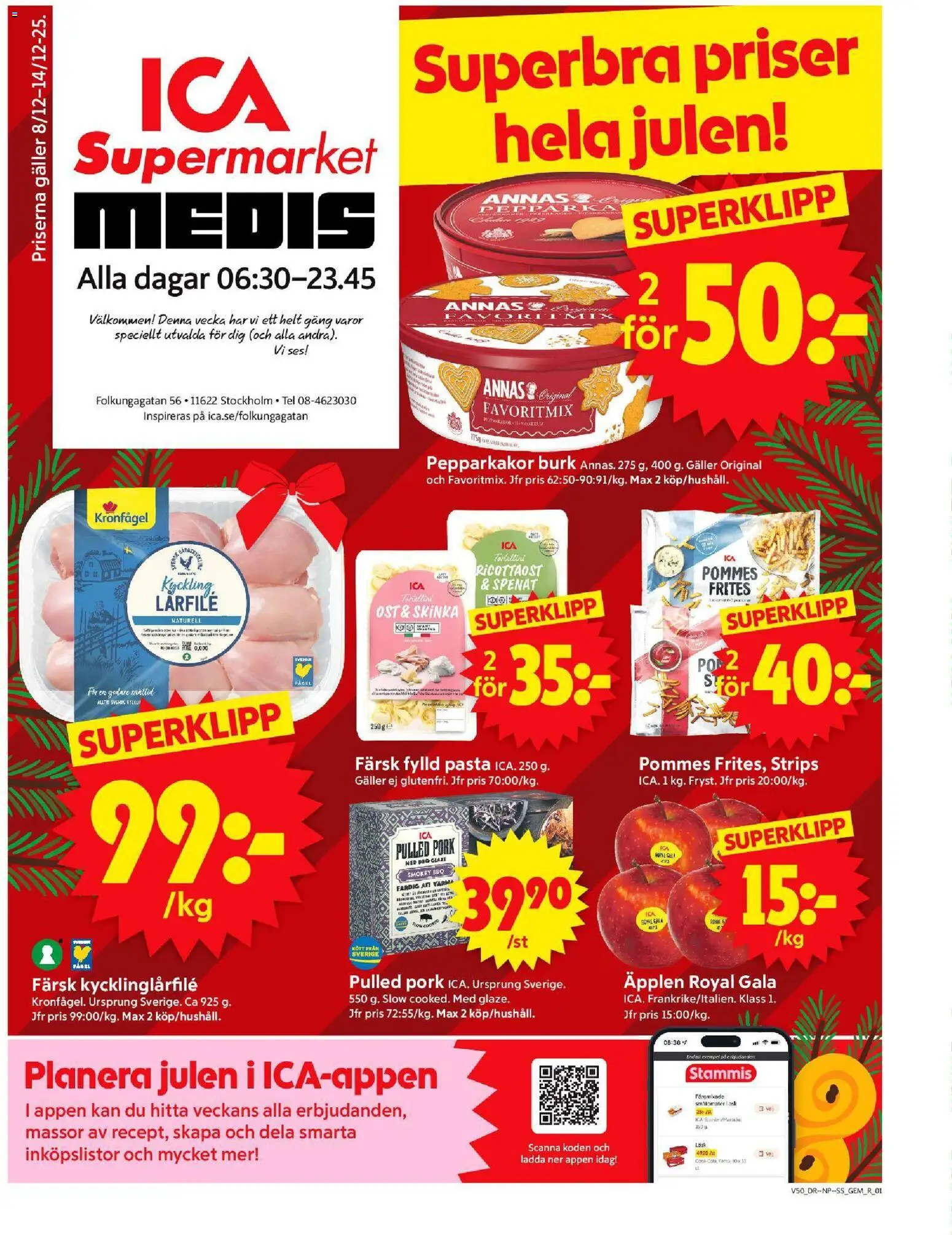 ICA Supermarket reklamblad aktuell från 08.12.2025 | Sida: 1 | Produkter: Spenat, Fanta, Ost, Pasta
