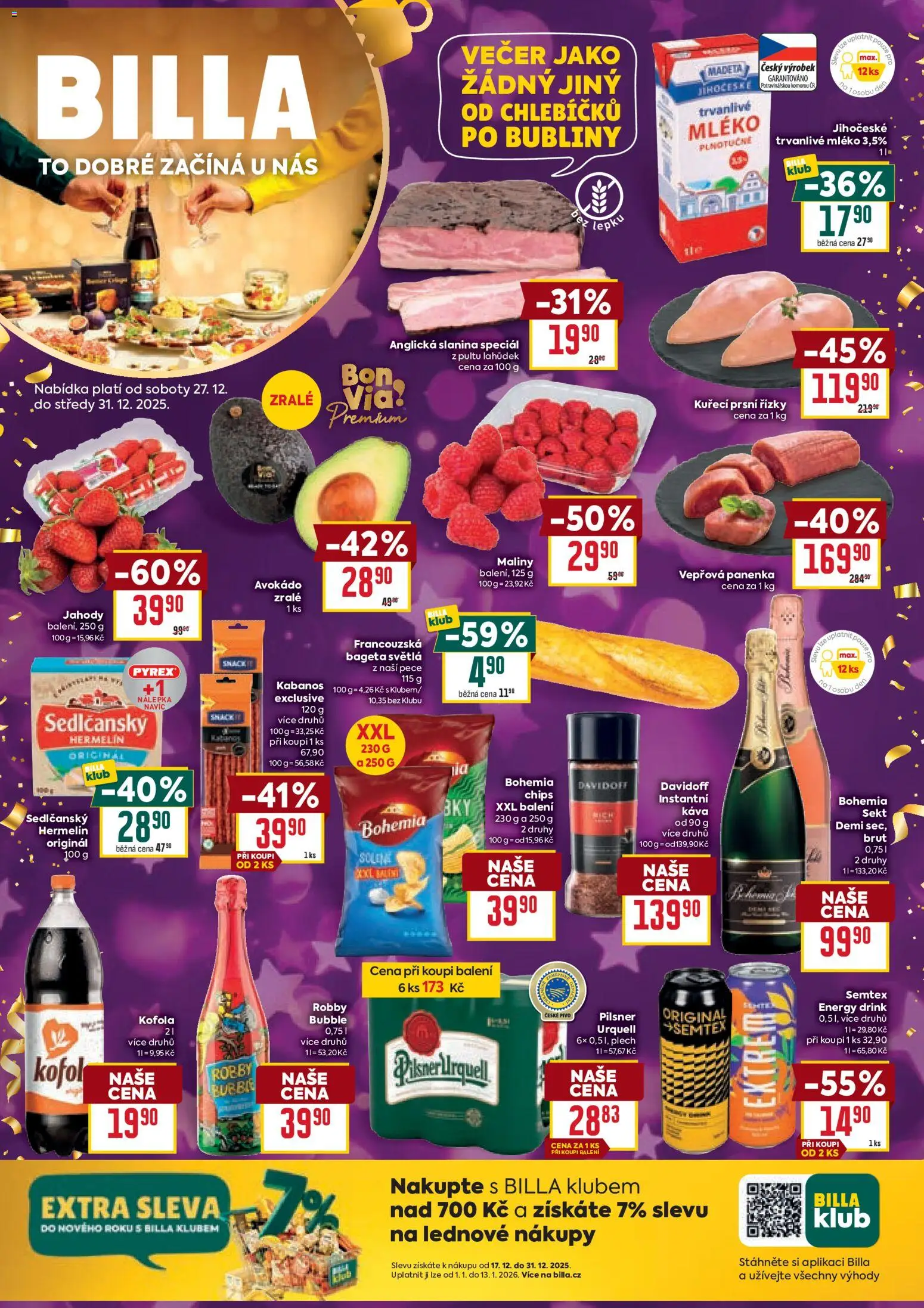 Billa Velký leták od 27.12.2025 | Strana: 1 | Produkty: Maliny, Kofola, Avokádo, Energy drink