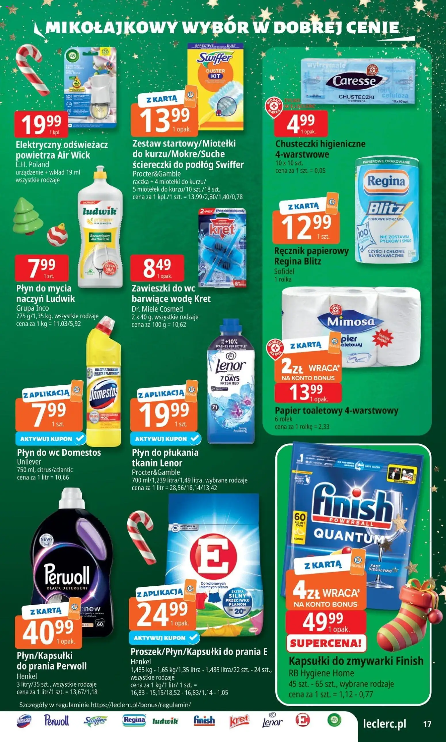 E.Leclerc Gazetka od 25.11.2025 | Strona: 17 | Produkty: Chusteczki higieniczne, Płyn do WC Domestos, Finish, Kapsułki do zmywarki