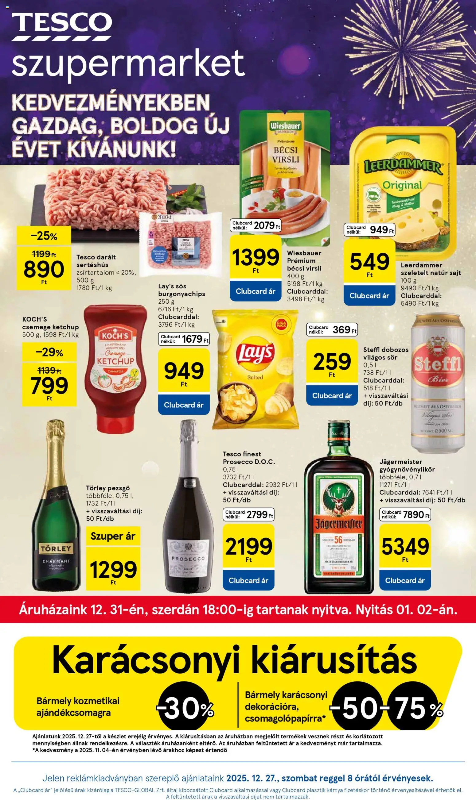 Tesco akciós ujság - amely érvényes a következő dátumtól: 27.12.2025 | Oldal: 1 | Termékek: Jägermeister, Pezsgő, Steffl, Sertéshús