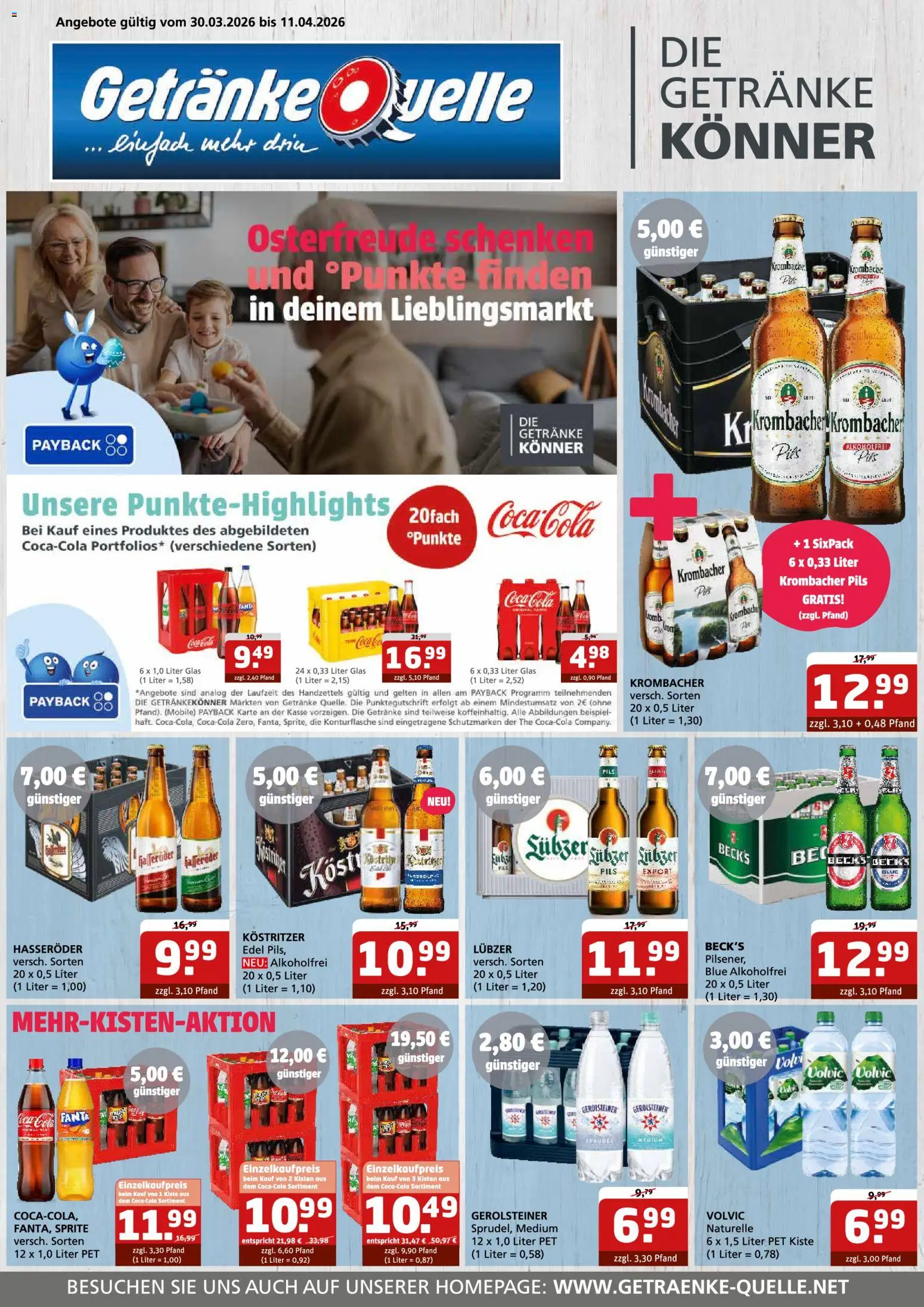 Getränke Quelle - wey-wvg kw14-1530.03.2026-11.04.2026 – gültig ab 30.03.2026 | Seite: 1 | Produkte: Coca cola, Pils, Krombacher, Lubzer