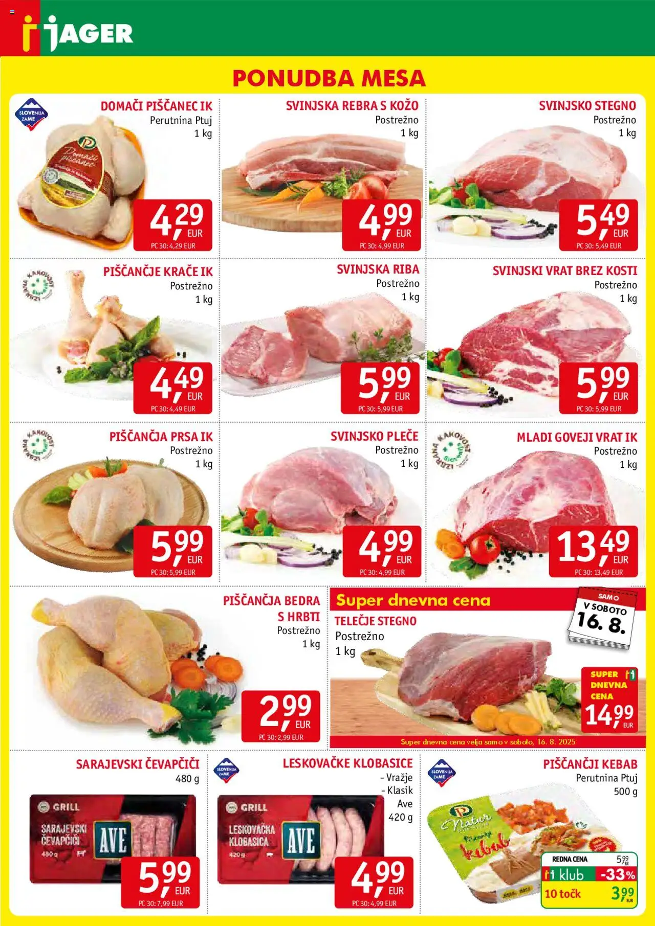 Jager katalog │ velja od 13.08.2025 | Stran: 3 | Izdelki: Čevapčiči, Klobasice, Piščančja bedra, Riba