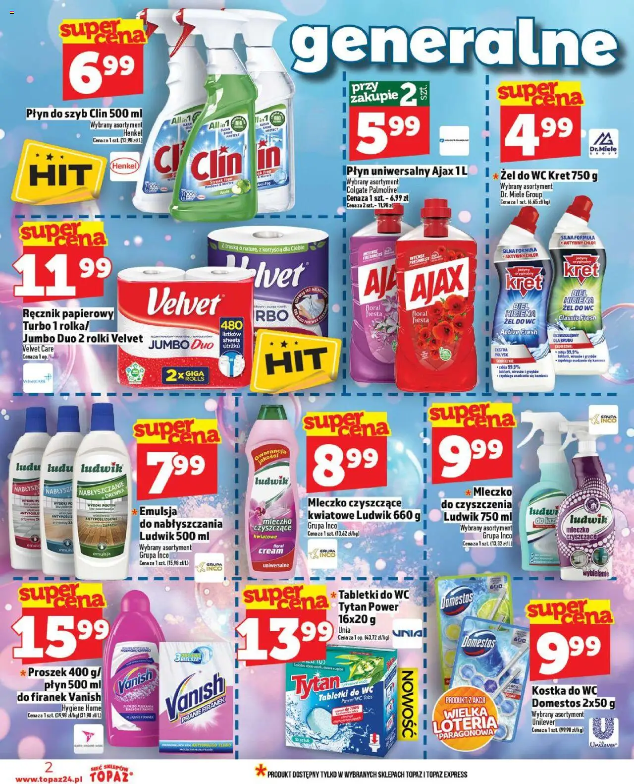 Topaz Gazetka od 02.10.2025 | Strona: 2 | Produkty: Vanish, Płyn do szyb Clin, Domestos, Ręcznik papierowy