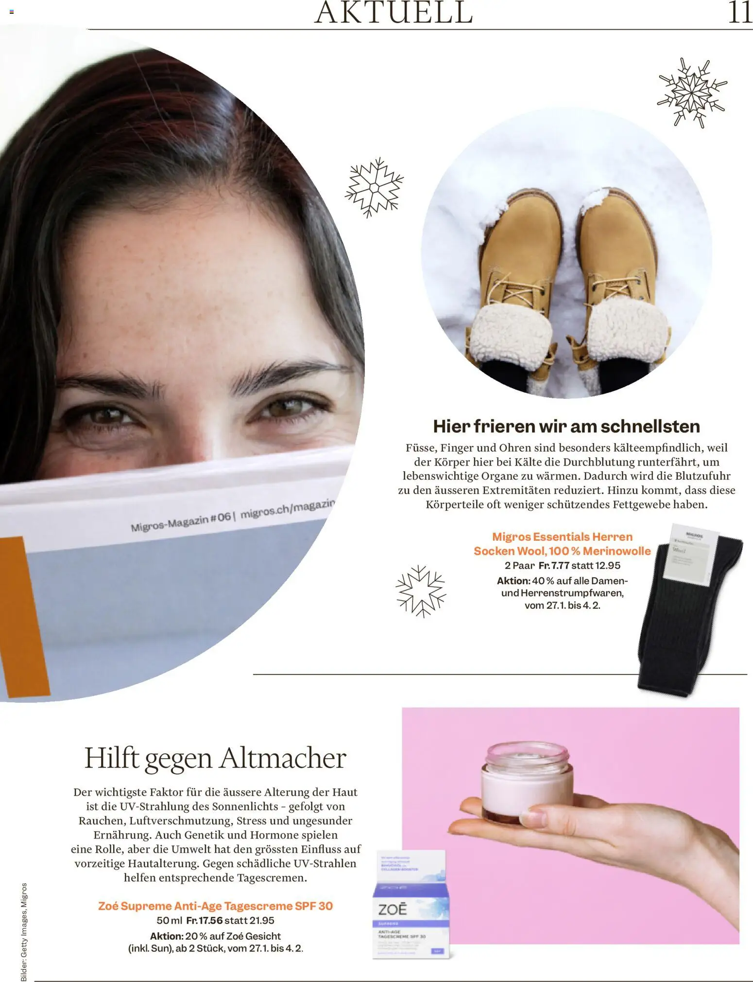 Migros Magazin – gültig ab 27.01.2026 | Seite: 11 | Produkte: Socken, Tagescreme, Bilder