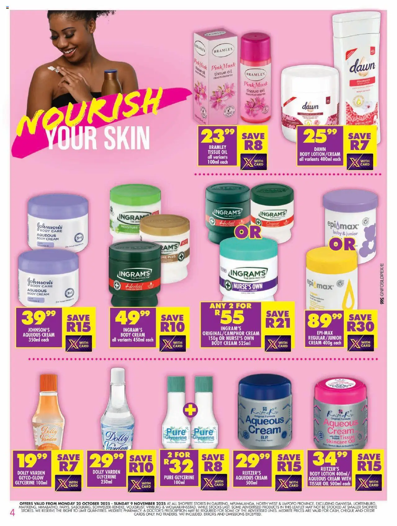 New Shoprite catalogue – valid from 20.10.2025 | Page: 4 | Products: Tissue oil, Oil, Fragrance, Lotion