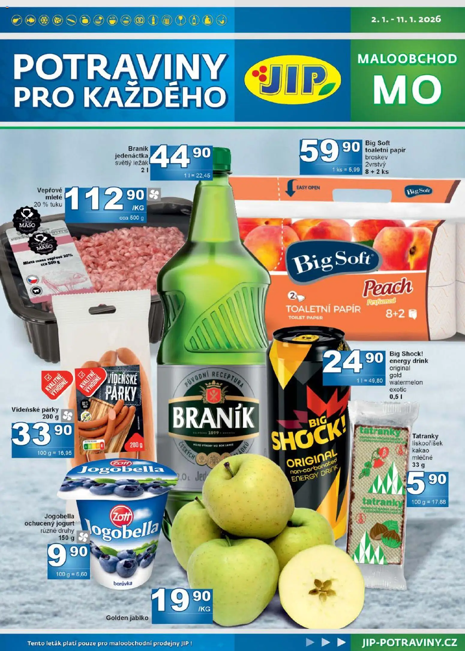 Jip leták od 02.01.2026 | Strana: 1 | Produkty: Párky, Toaletní papír, Maso, Big Shock