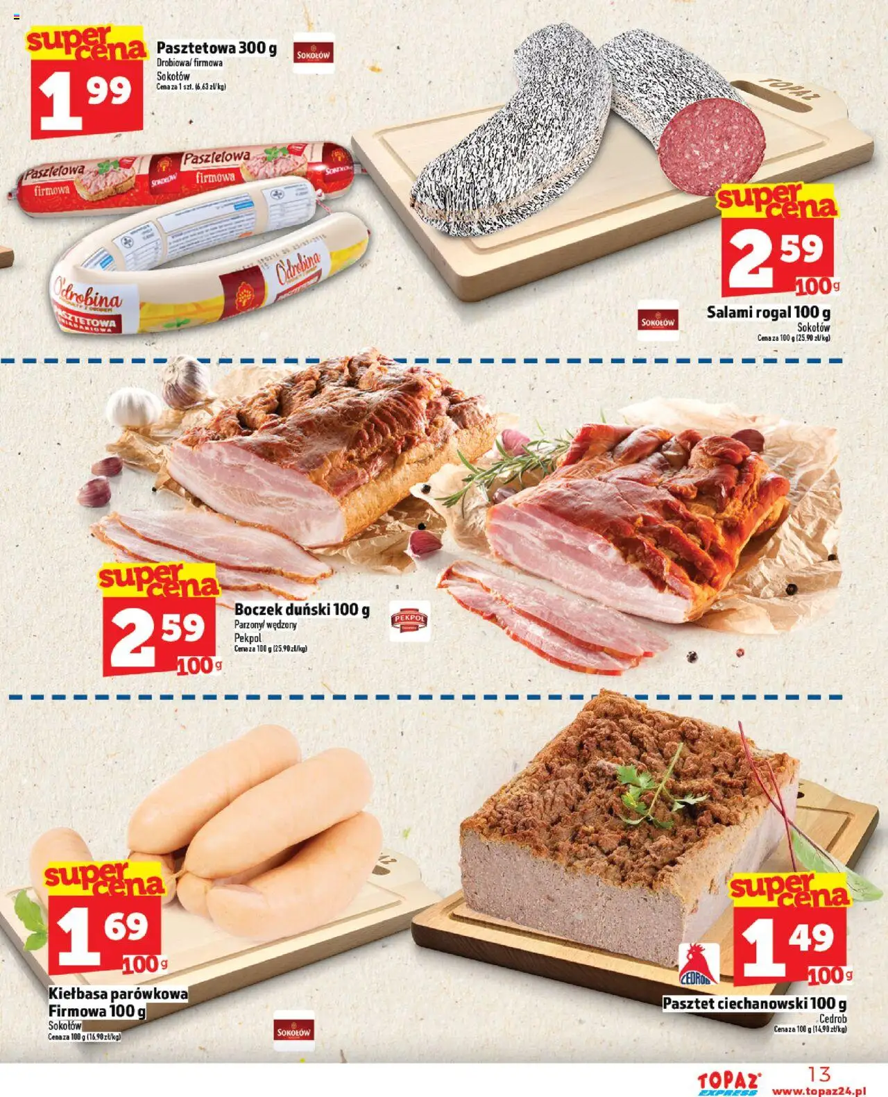 Topaz Gazetka - Express od 07.08.2025 | Strona: 13 | Produkty: Kiełbasa, Boczek, Salami