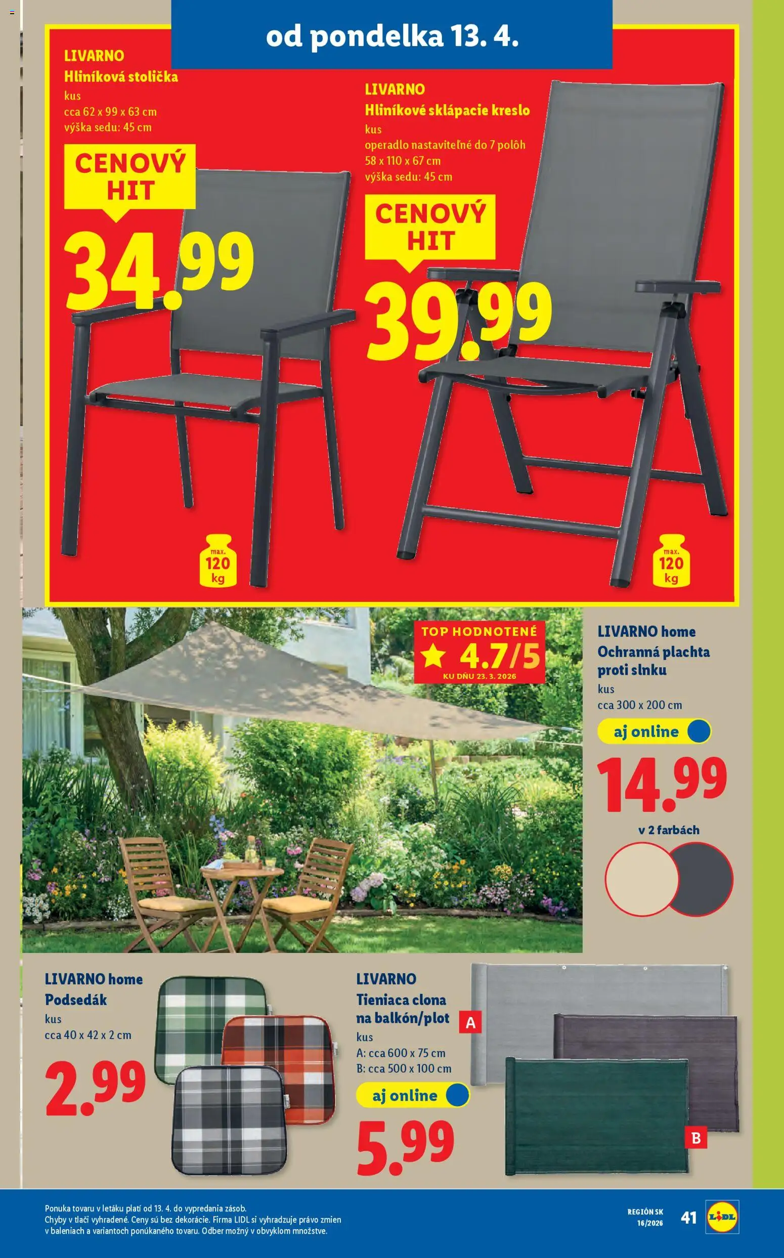 Nové Lidl akcie – leták je platný od 13.04.2026 | Strana: 45 | Produkty: Plachta, Kreslo, Stolička