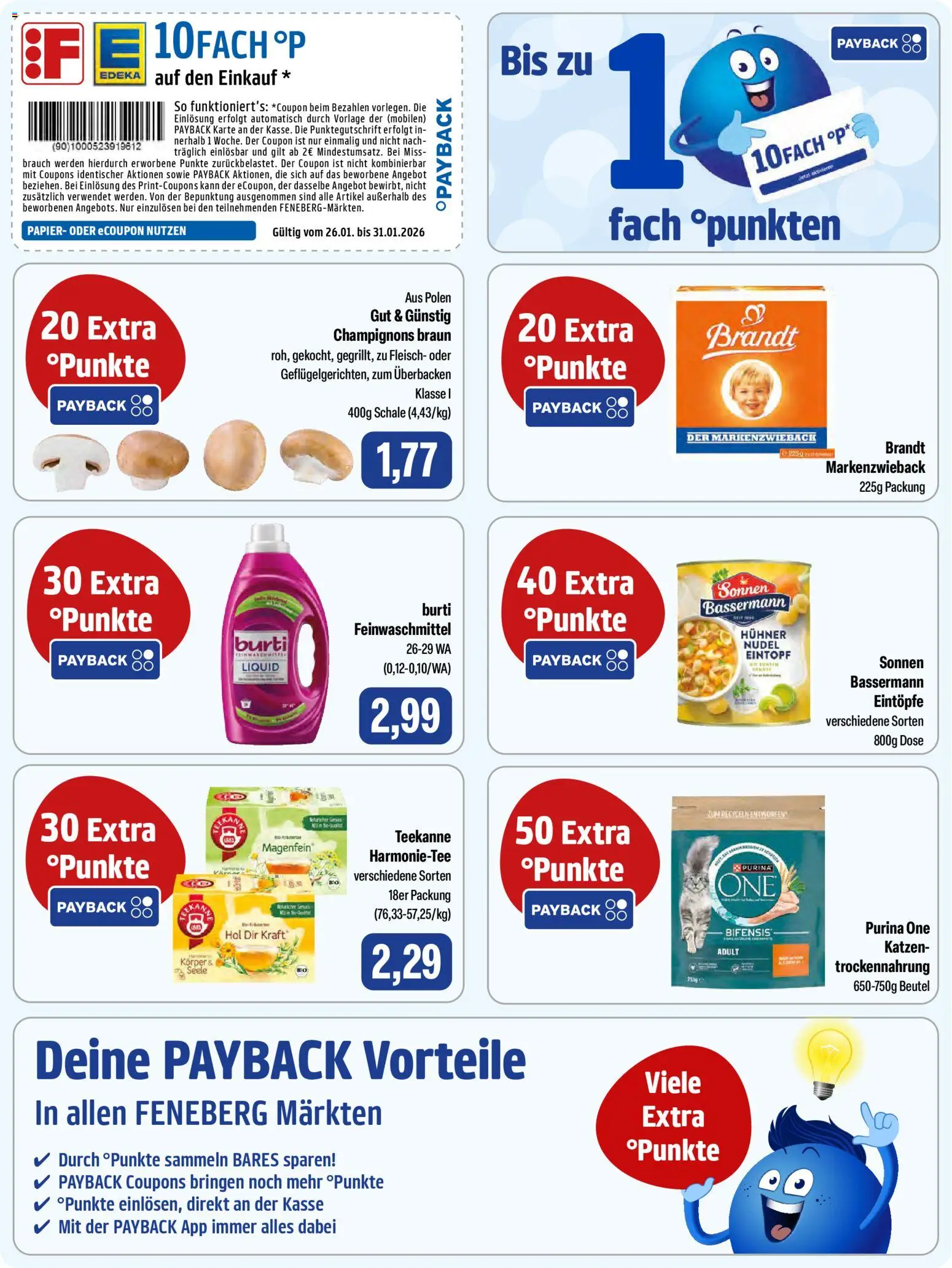Feneberg Angebote – gültig ab 29.01.2026 | Seite: 9 | Produkte: Purina one, Champignons, Teekanne, Fleisch
