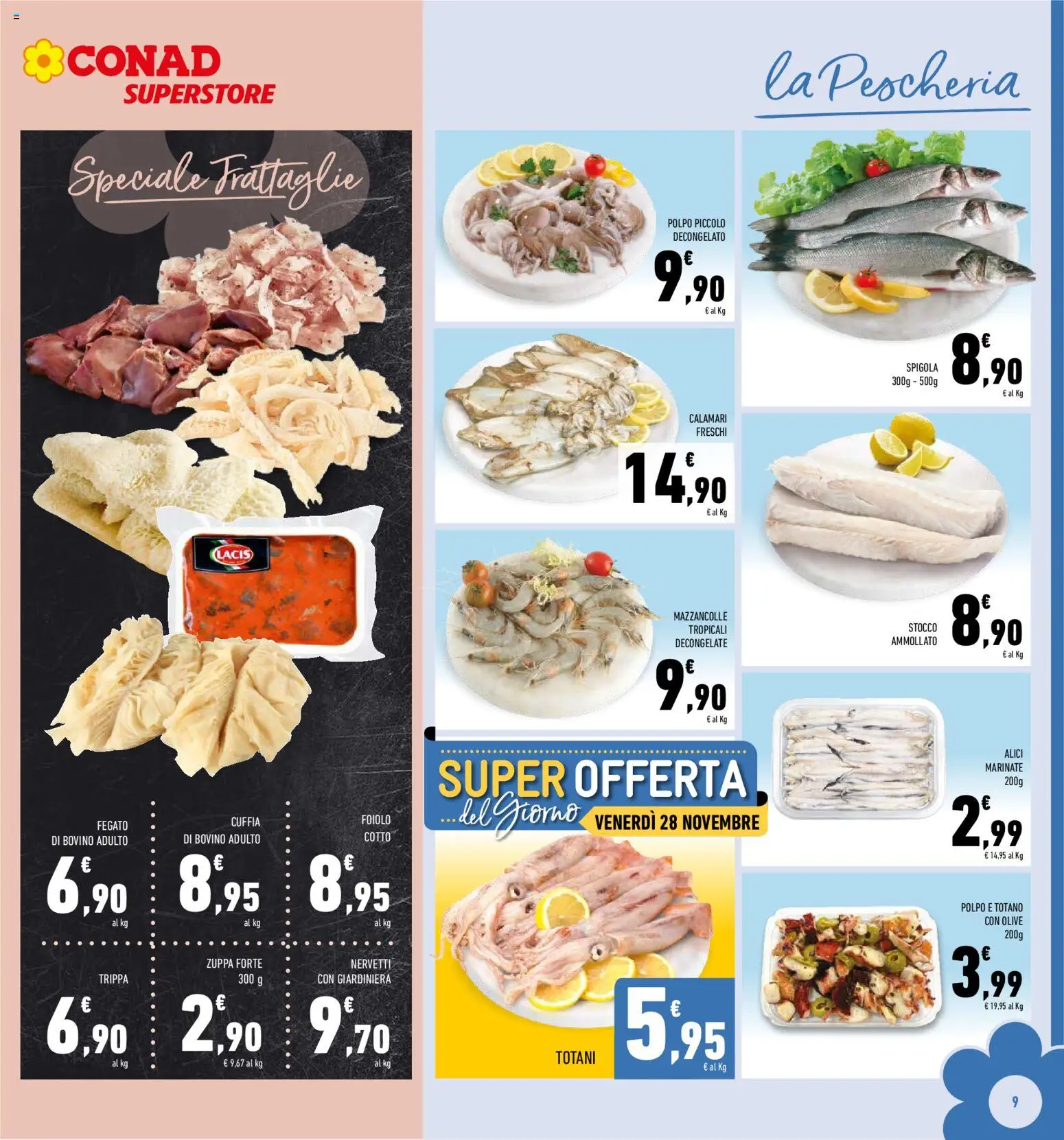 Volantino Conad del 19.11.2025 | Pagina: 9 | Prodotti: Polpo, Mazzancolle, Calamari, Spigola