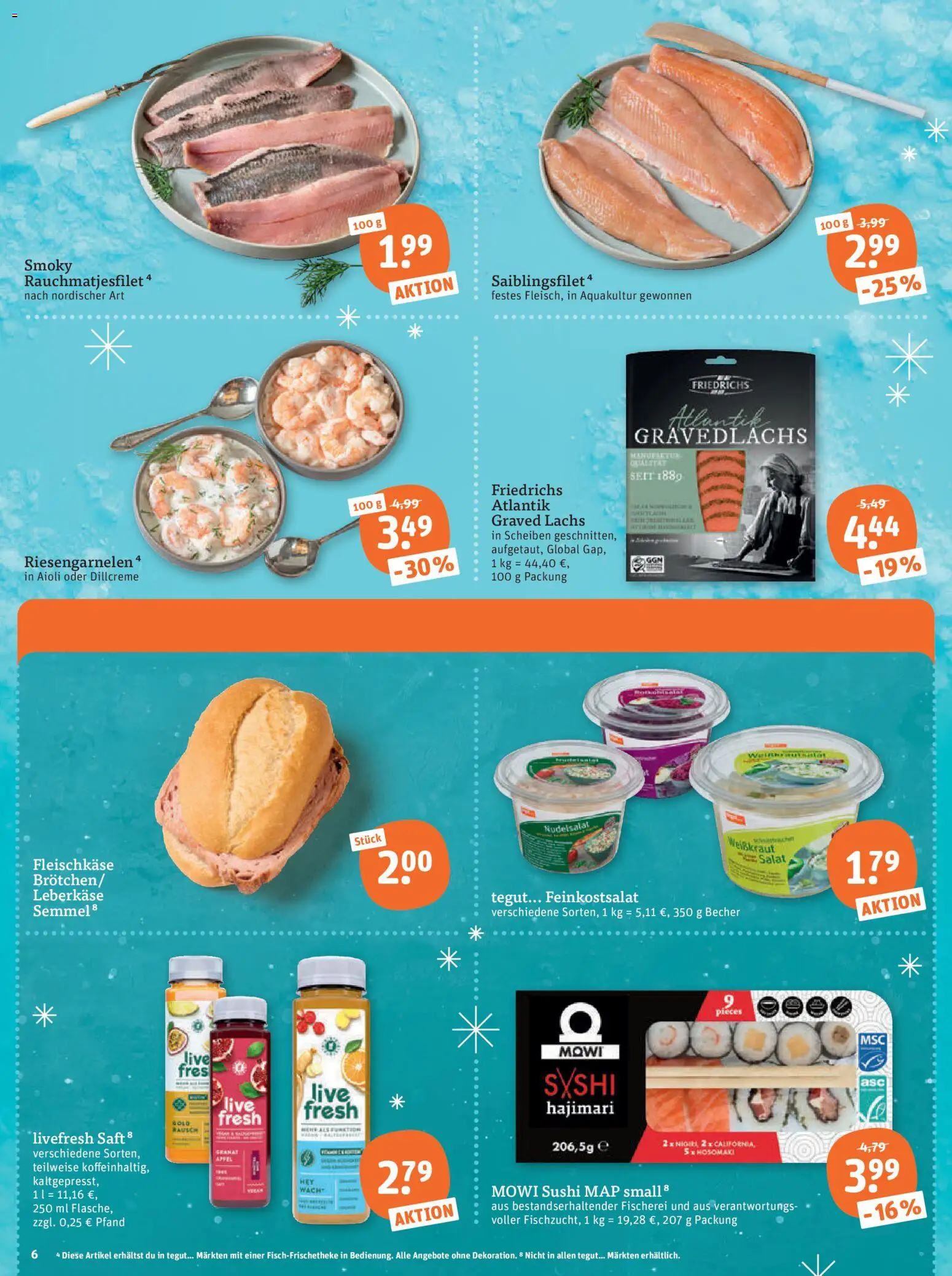 Tegut Prospekt – gültig ab 01.12.2025 | Seite: 8 | Produkte: Lachs, Saft, Salat, Leberkase