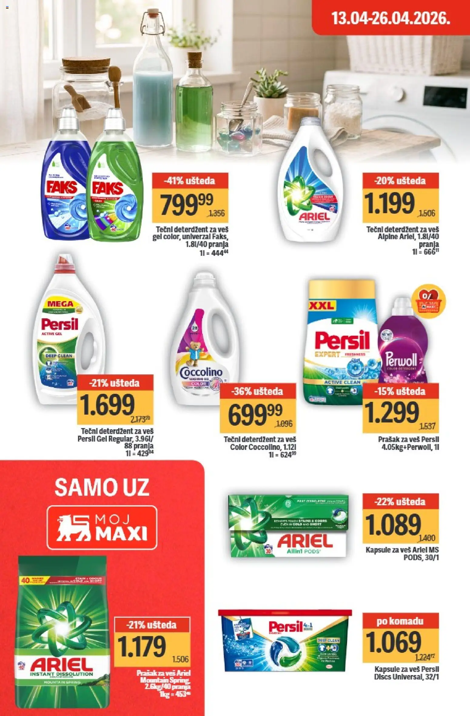 Maxi katalog - važi od 20.04.2026 | Strana: 32 | Proizvode: Deterdžent, Ariel, Kapsule, Coccolino