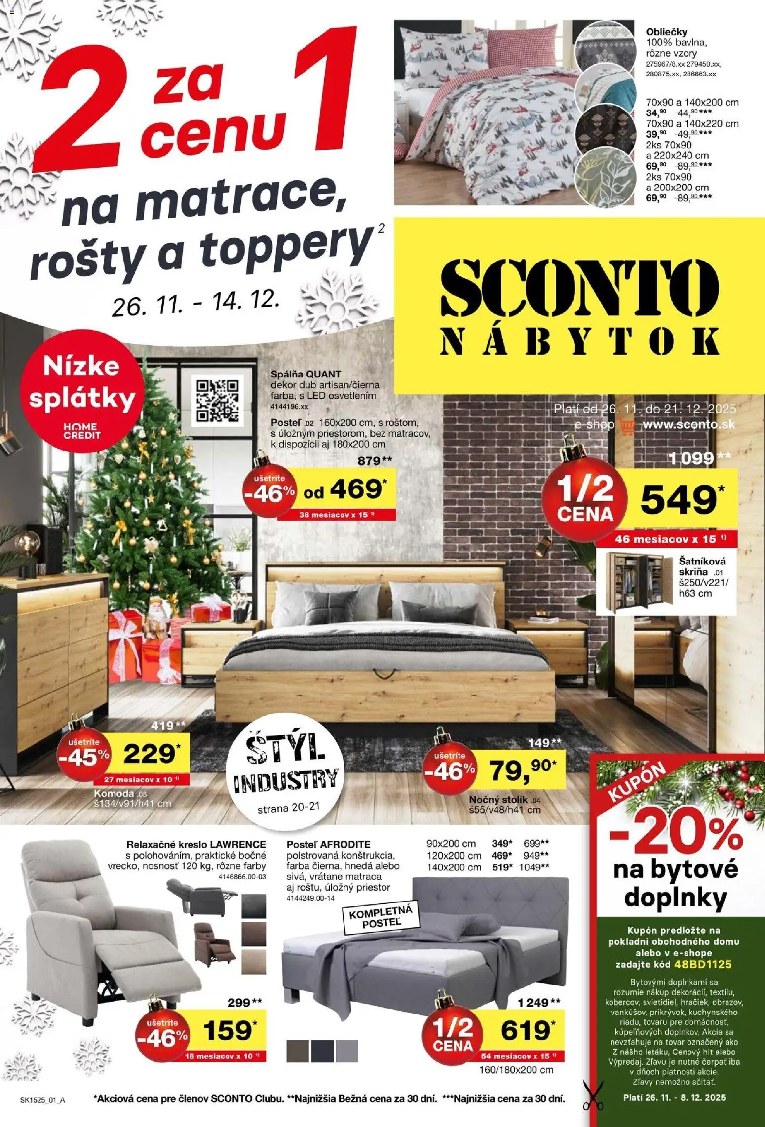 Nové Sconto nábytok akcie – leták je platný od 26.11.2025 | Strana: 1 | Produkty: Nábytok, Posteľ, Obliečky, Šatníková skriňa