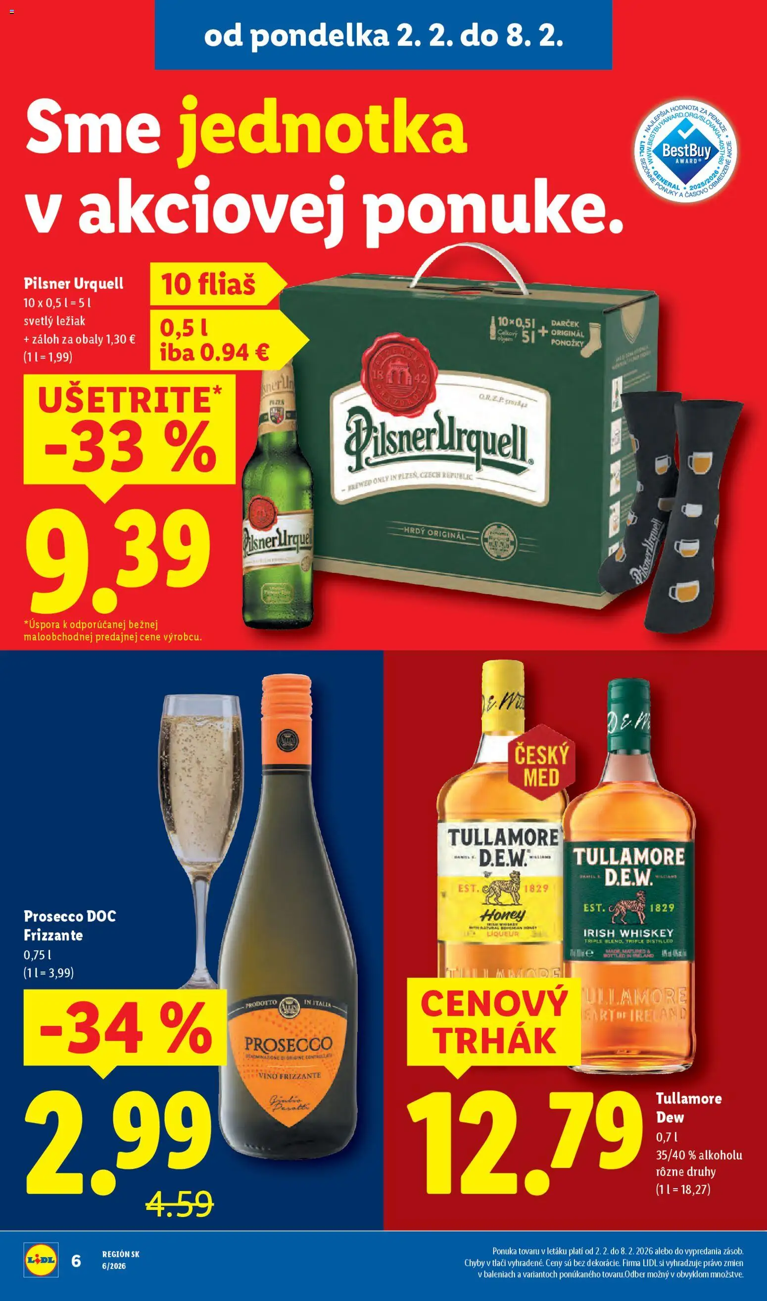 Nové Lidl akcie – leták je platný od 02.02.2026 | Strana: 10 | Produkty: Pilsner Urquell, Víno, Prosecco, Ponožky