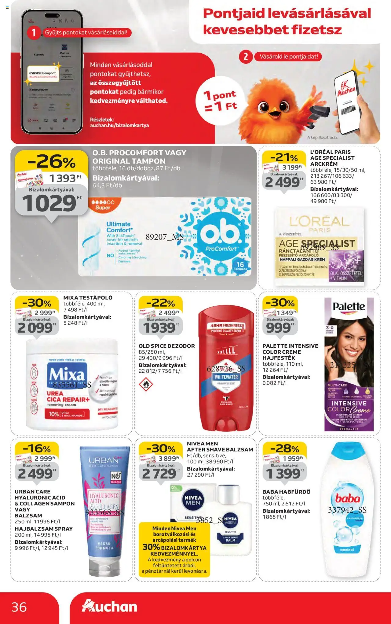 Auchan akciós ujság - amely érvényes a következő dátumtól: 16.10.2025 | Oldal: 36 | Termékek: Arckrém, Habfürdő, Olaj, Dezodor