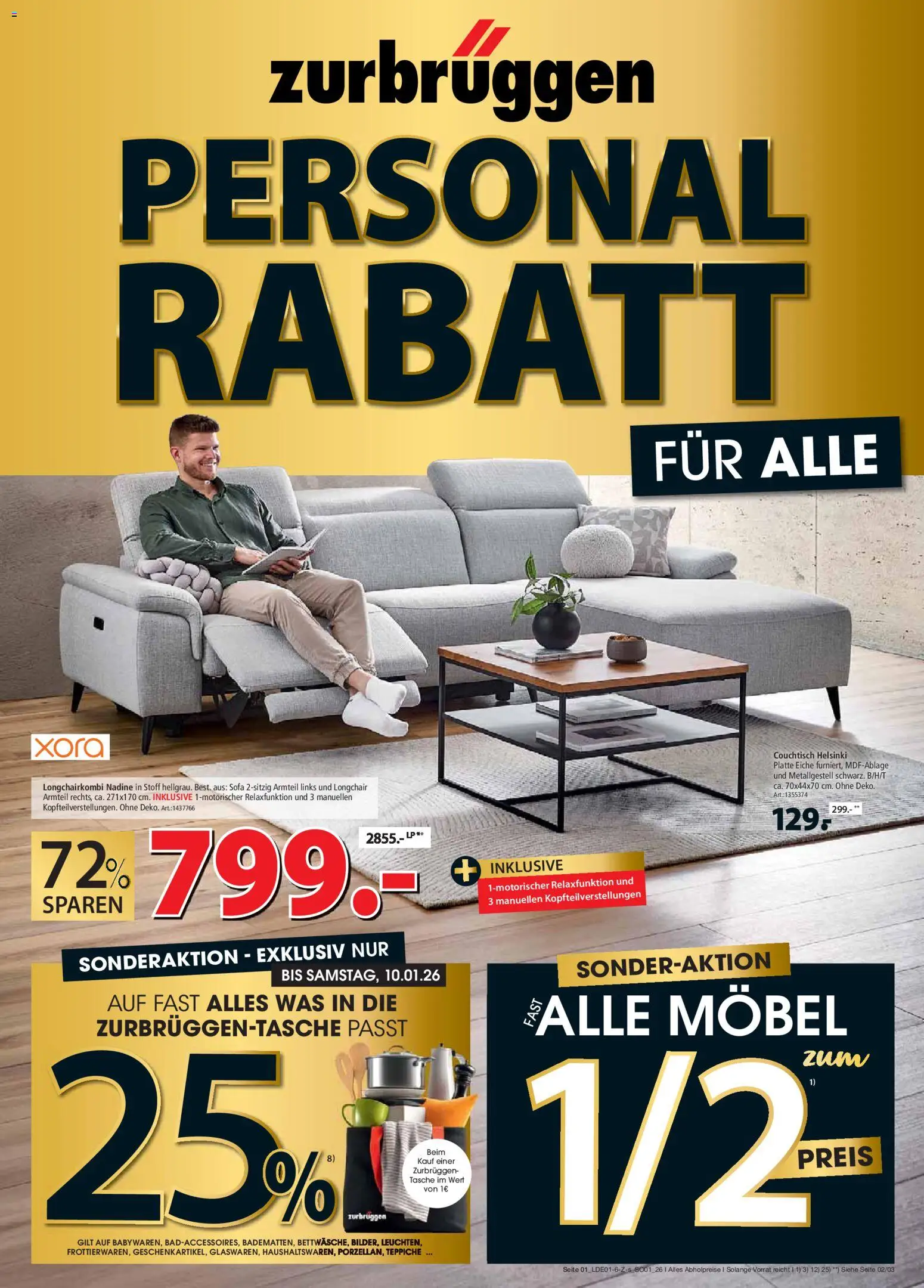 Zurbrüggen - Personal-Rabatt für alle – gültig ab 01.01.2026 | Seite: 1 | Produkte: Tasche, Sofa, Couchtisch