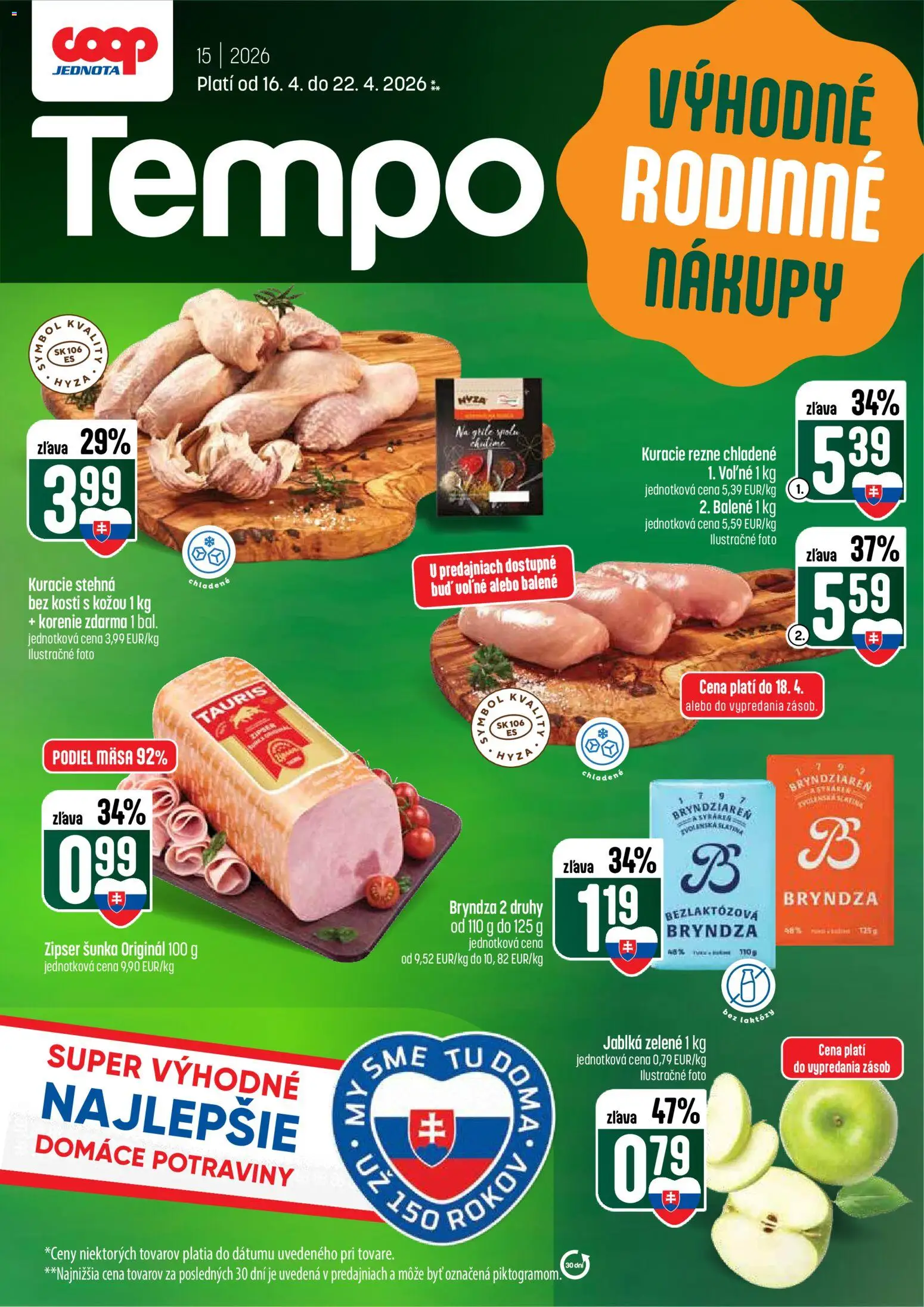 Nové COOP Jednota akcie – leták je platný od 16.04.2026 | Strana: 1 | Produkty: Jablká, Bryndza, Kuracie stehná, Korenie