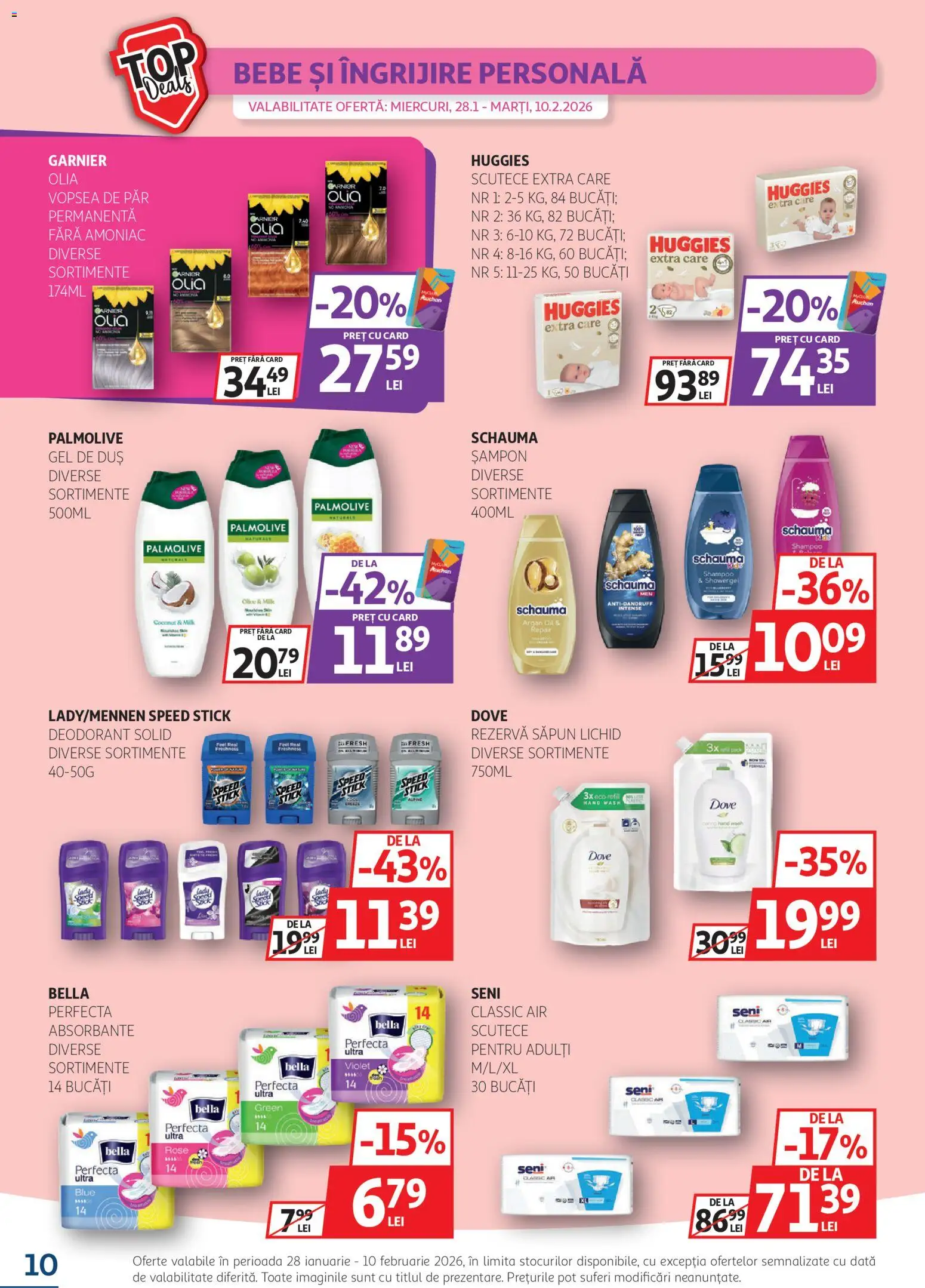 Noul catalog Auchan – valabil de la 28.01.2026 | Pagină: 10 | Produse: Gel de duș, Deodorant, Săpun lichid, Vopsea de păr