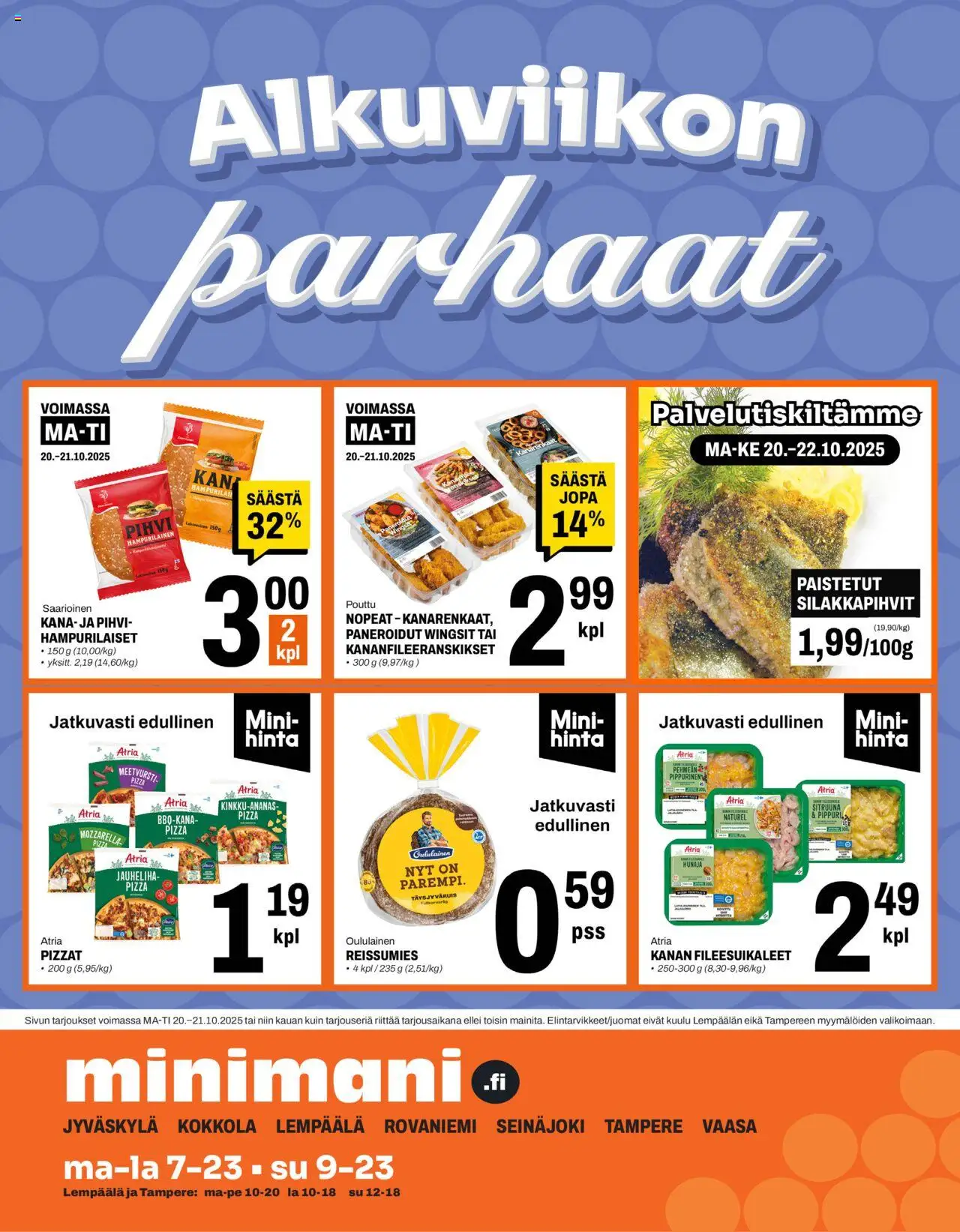 Minimani tarjoukset – voimassa 20.10.2025 alkaen | Sivu: 1 | Tuotteet: Meetvursti, Pizza, Hampurilainen, Hunaja