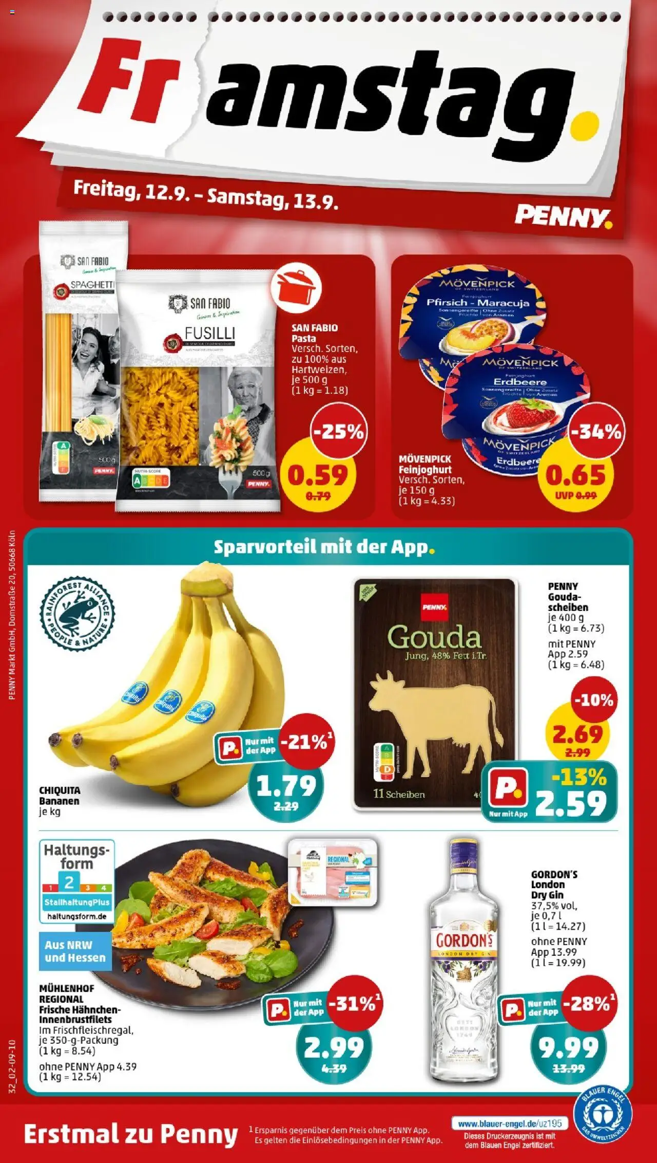 Penny Nordrhein - Westfalen – gültig ab 08.09.2025 | Seite: 32 | Produkte: Hahnchen, Gouda, Bananen, Gin
