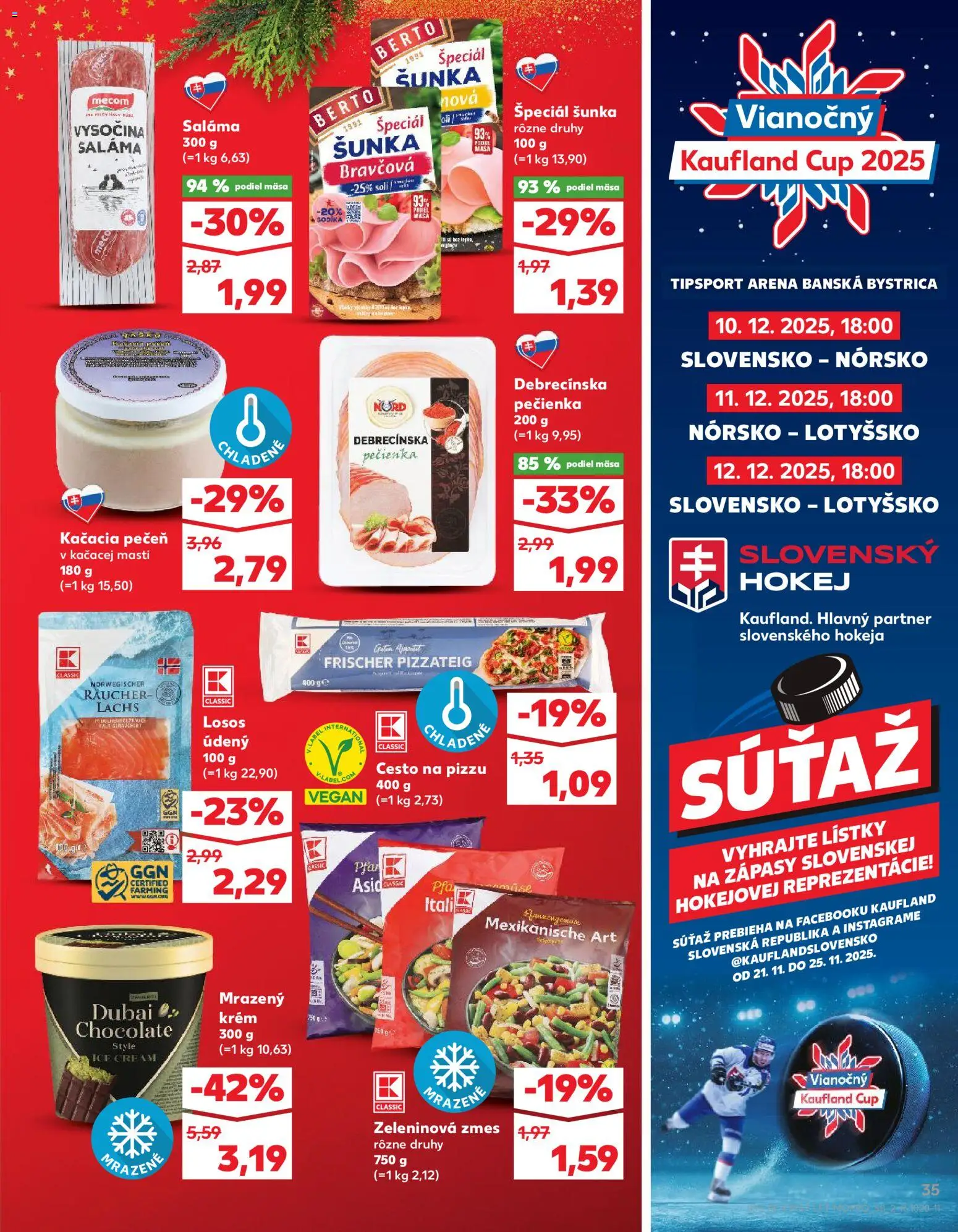 Nové Kaufland akcie – leták je platný od 20.11.2025 | Strana: 35 | Produkty: Saláma, Šunka, Pizza, Losos