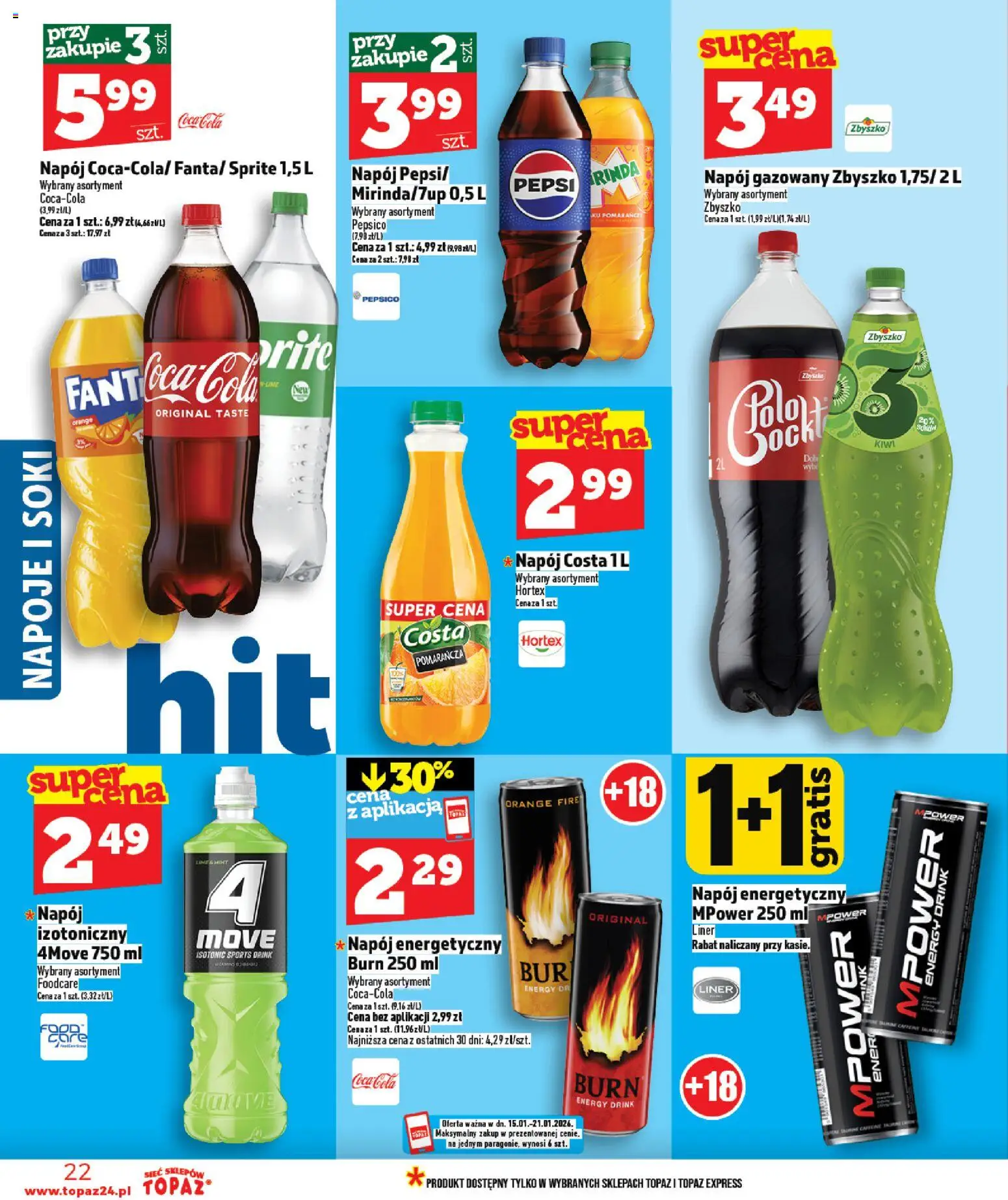 Topaz Gazetka MAZ od 15.01.2026 | Strona: 22 | Produkty: Napoje, Sprite, Soki, Kiwi