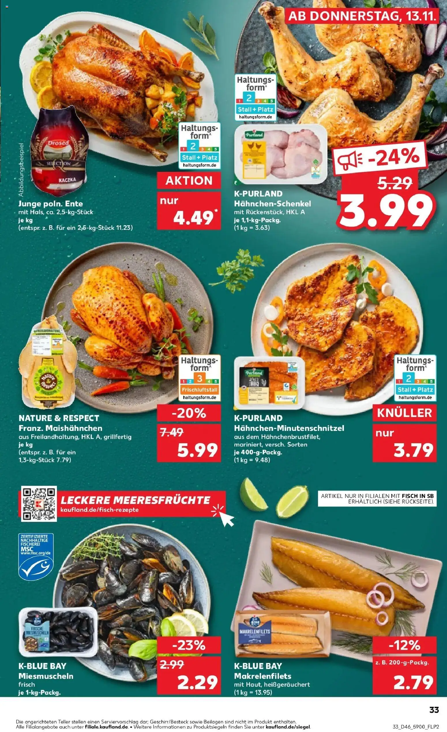 Kaufland prospekt Neustrelitz	 – gültig ab 13.11.2025 | Seite: 33 | Produkte: Hahnchenschenkel, Fisch, Meeresfrüchte, Ente