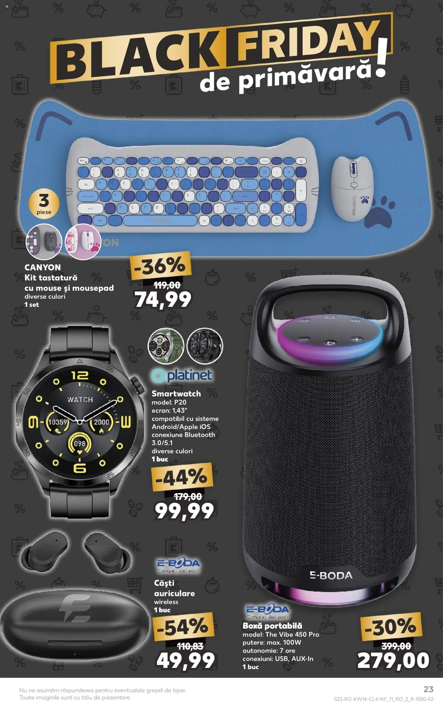 Noul catalog Kaufland – valabil de la 01.04.2026 | Pagină: 23 | Produse: Mouse, Tastatură, Speaker, Smartwatch