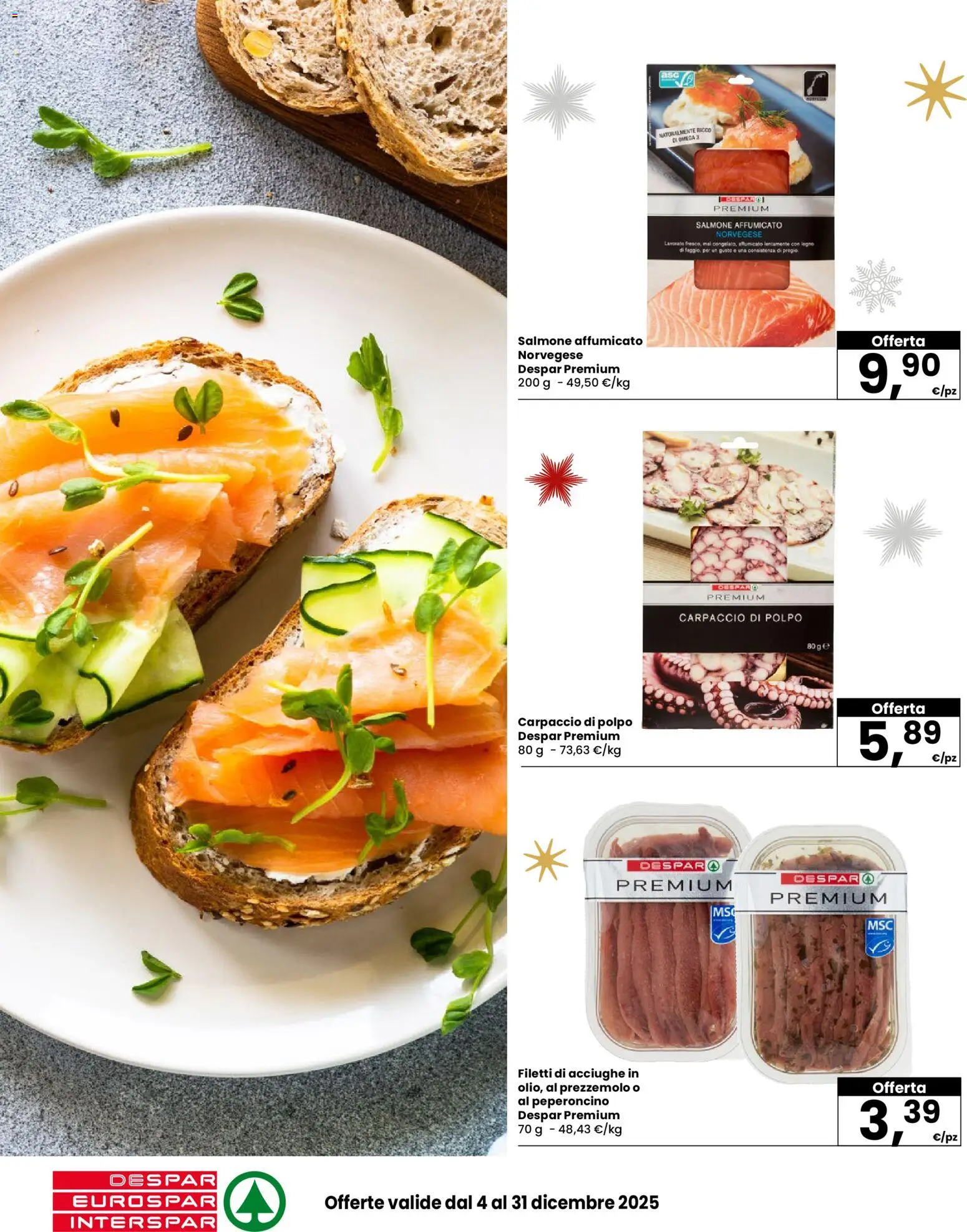 Volantino Despar del 04.12.2025 | Pagina: 10 | Prodotti: Salmone affumicato, Salmone, Polpo, Prezzemolo