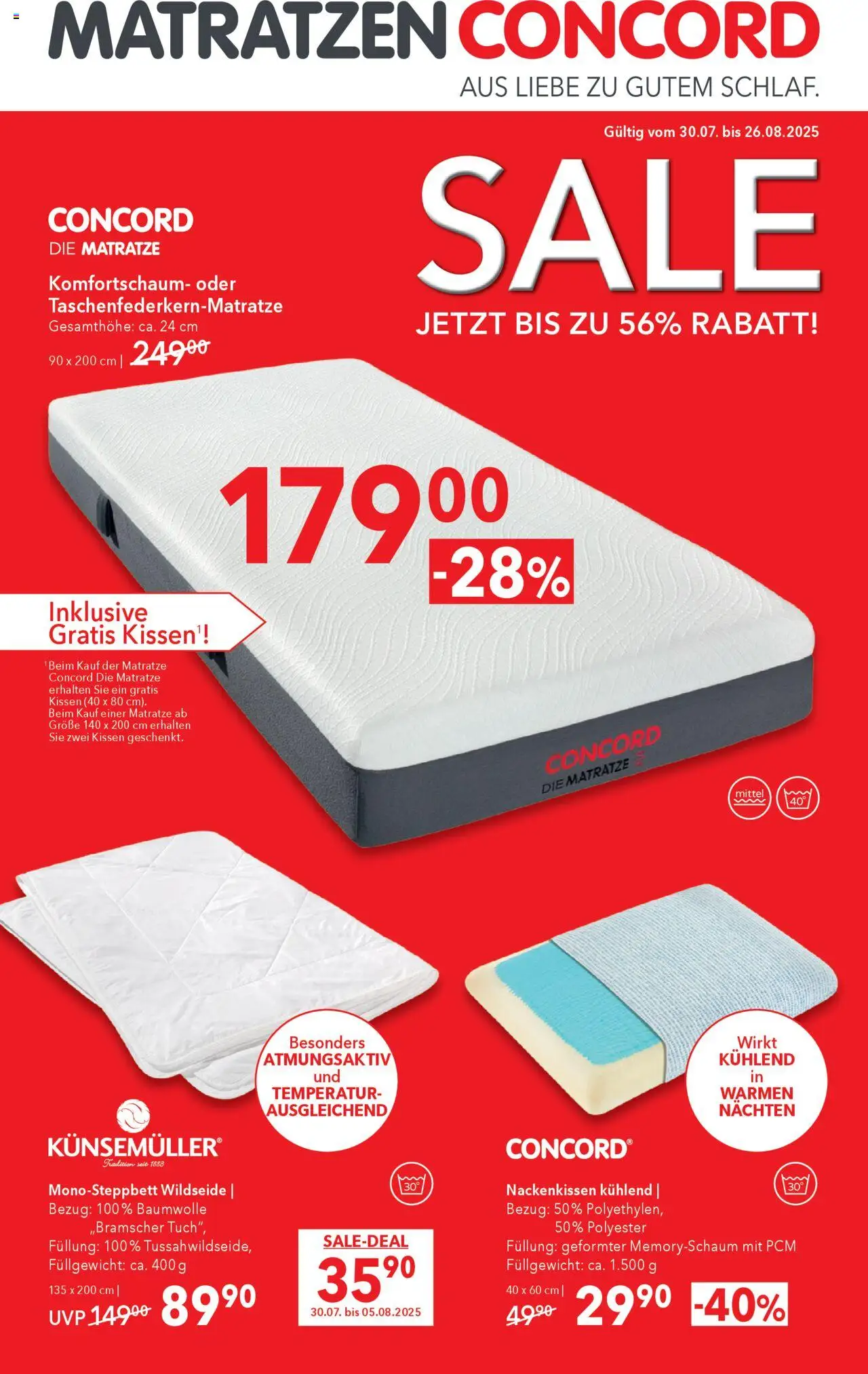 Matratzen Concord Prospekt 	 - gültig ab dem 30.07.2025 | Seite: 1 | Produkte: Matratze, Kissen