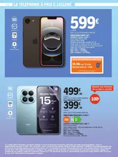 E.Leclerc - Prévisualisation de SMARTPHONE IPHONE 16E(3), Écran Super Retina XDR. Capteur photo 48Mp. Système d'exploitation installé: iOS 18. Existe aussi en 256Go au prix de 739€ dont 3,07€ d'éco-participation et en 512Go au prix de 989€ dont 3,07€ d'éco-participation. DAS(1) tête: 1,48W/kg. DAS(1) tronc: 1,49 W/kg. DAS(1) membres : 2,61 W/kg. valide à partir de 31.03.2026 | Page: 14