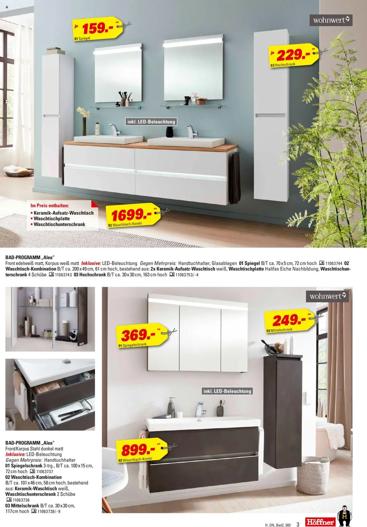 Höffner Bad Spezial – gültig ab 01.10.2025 | Seite: 3 | Produkte: Bad, Spiegel, Spiegelschrank, Hochschrank