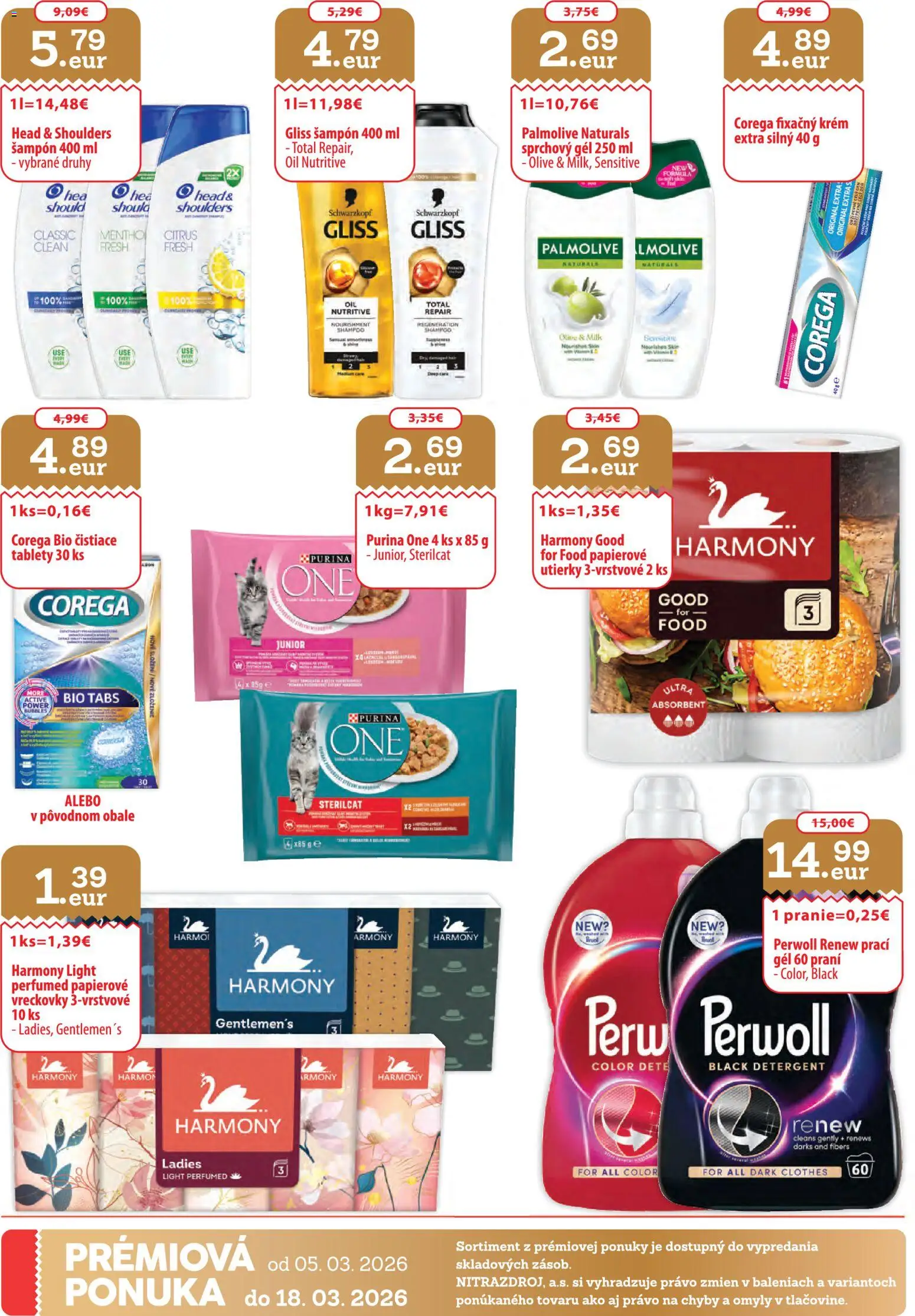 Nové Nitrazdroj akcie – leták je platný od 05.03.2026 | Strana: 32 | Produkty: Perwoll, Sprchový gél, Krém, Head & Shoulders