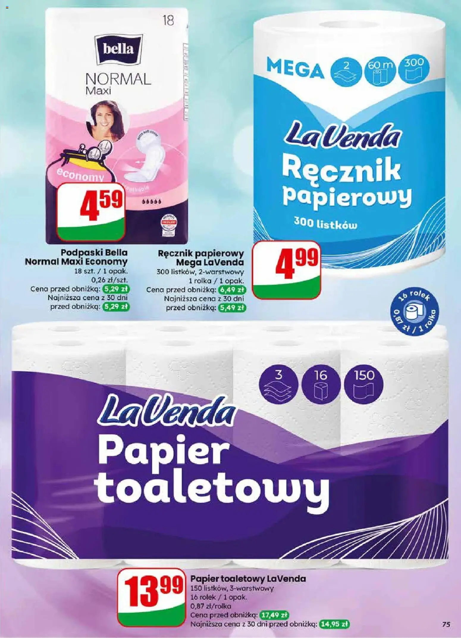 Dino gazetka od 01.04.2026 | Strona: 75 | Produkty: Podpaski bella, Papier toaletowy, Podpaski, Ręcznik papierowy