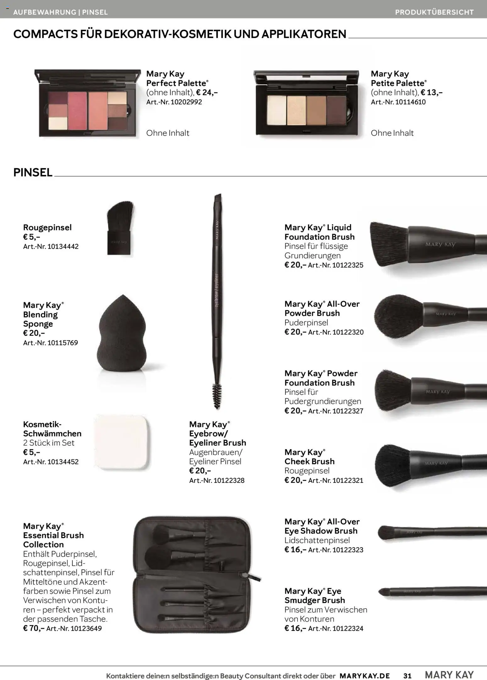 Mary Kay Katalog – gültig ab 15.04.2026 | Seite: 31 | Produkte: Pinsel, Eyeliner, Rougepinsel, Puderpinsel