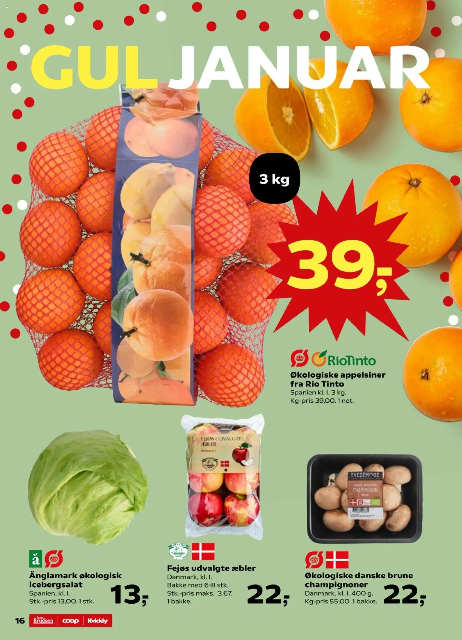 Kvickly tilbudsavis – gyldig fra 16.01.2026 | Side: 16 | Produkter: Champignon, Æbler, Appelsiner, Icebergsalat