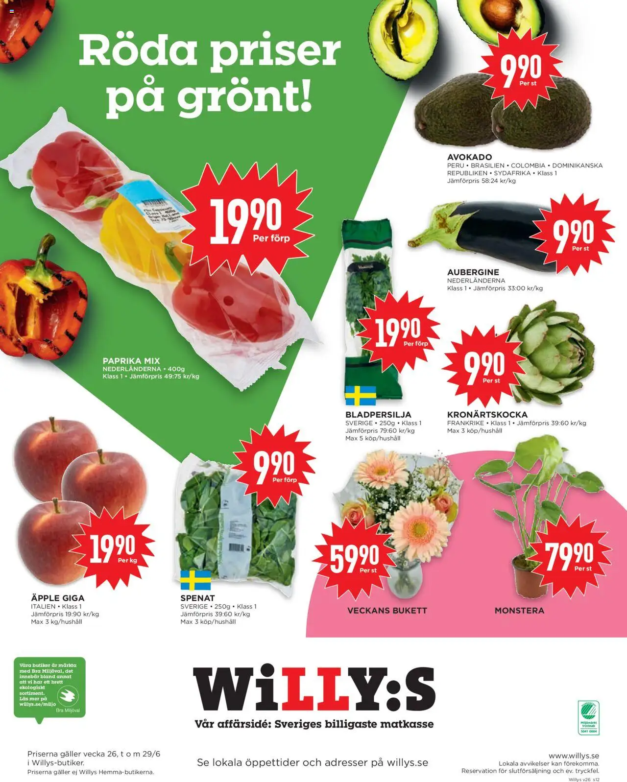 Willys reklamblad aktuell från 23.06.2025 | Sida: 12 | Produkter: Spenat, Äpple, Aubergine, Kronärtskocka