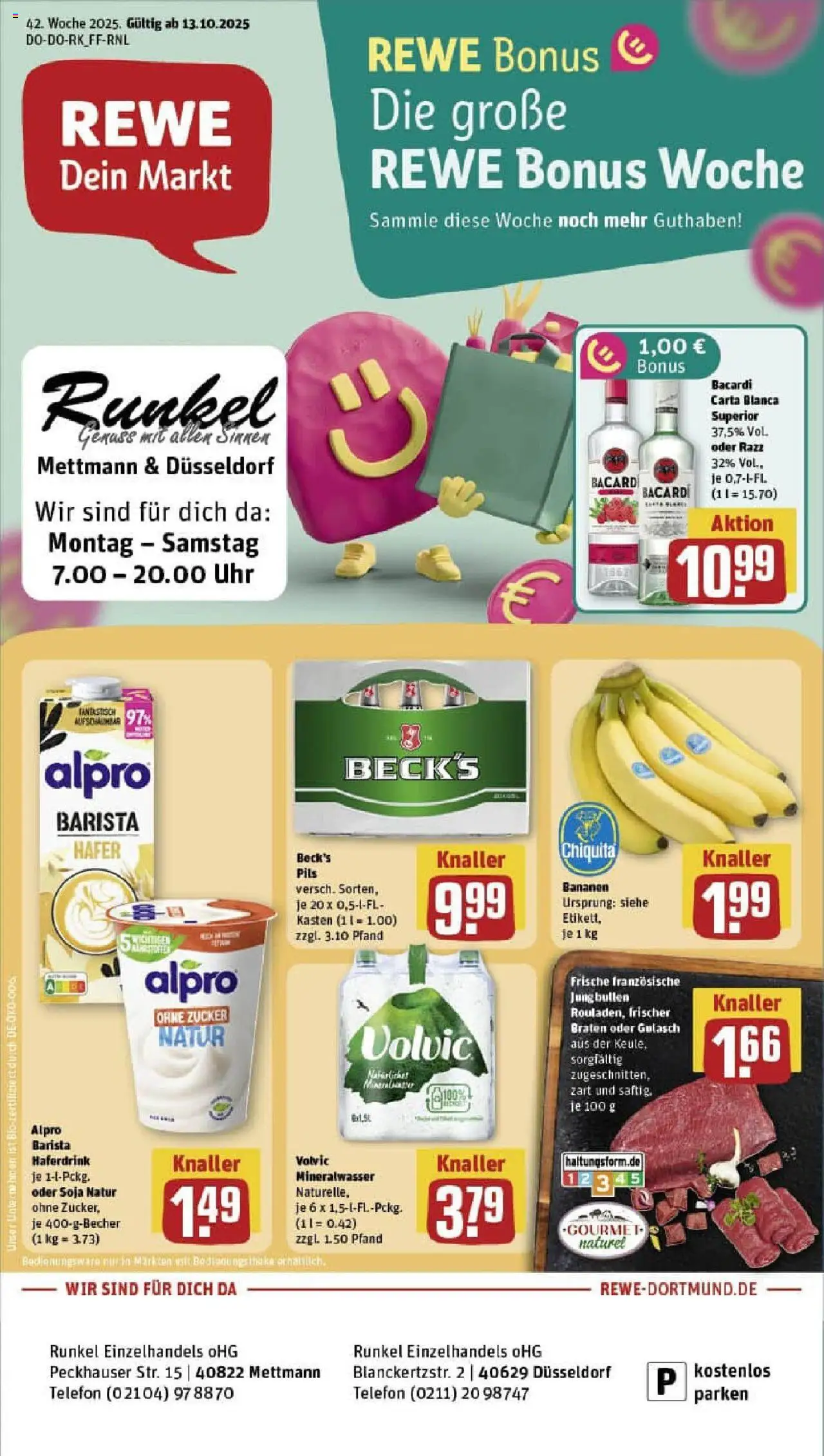 Rewe prospekt Mettmann	 – gültig ab 13.10.2025 | Seite: 1 | Produkte: Mineralwasser, Alpro, Zucker, Uhr