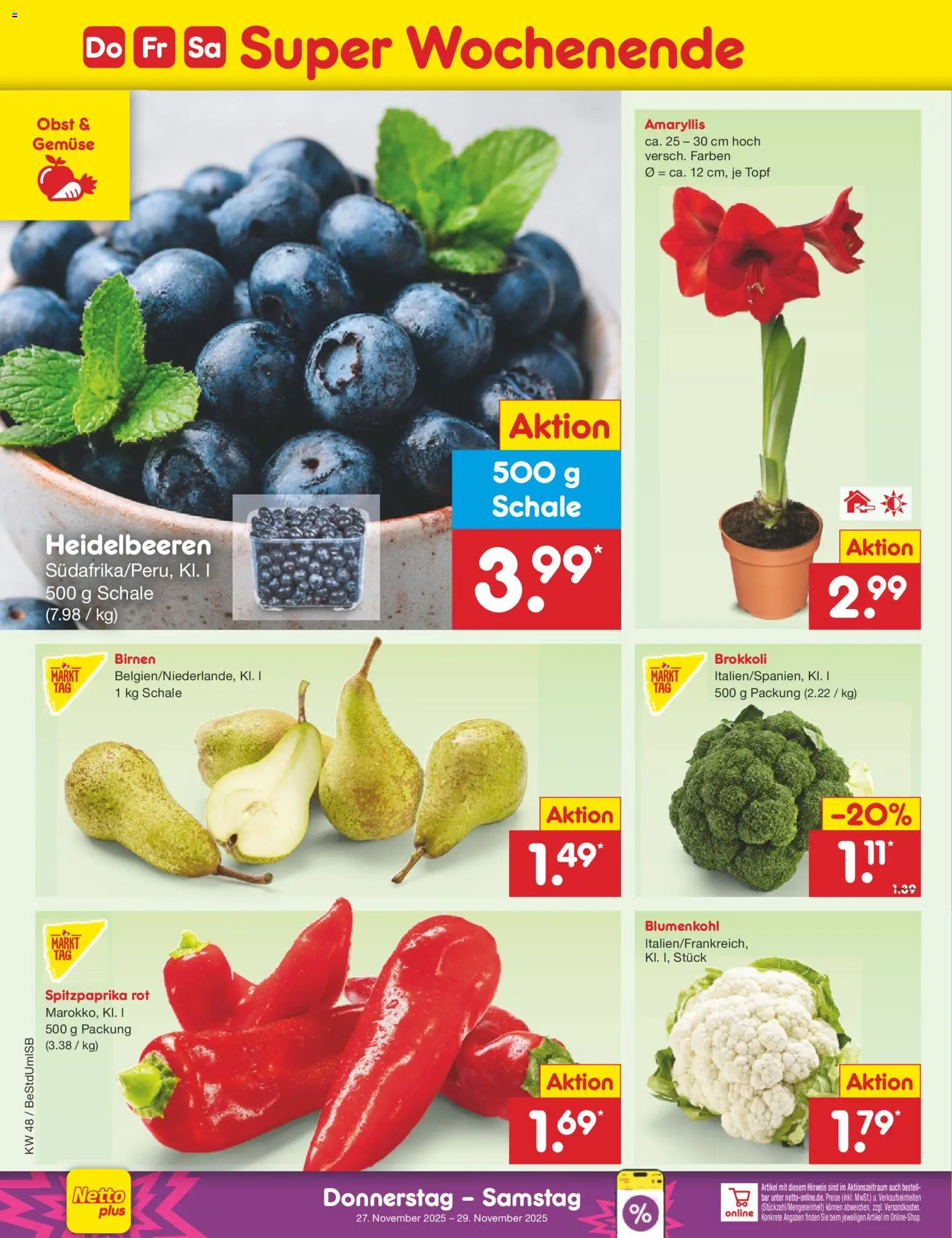 Netto Marken-Discount - Black Friday – gültig ab 24.11.2025 | Seite: 42 | Produkte: Heidelbeeren, Gemüse, Obst, Brokkoli