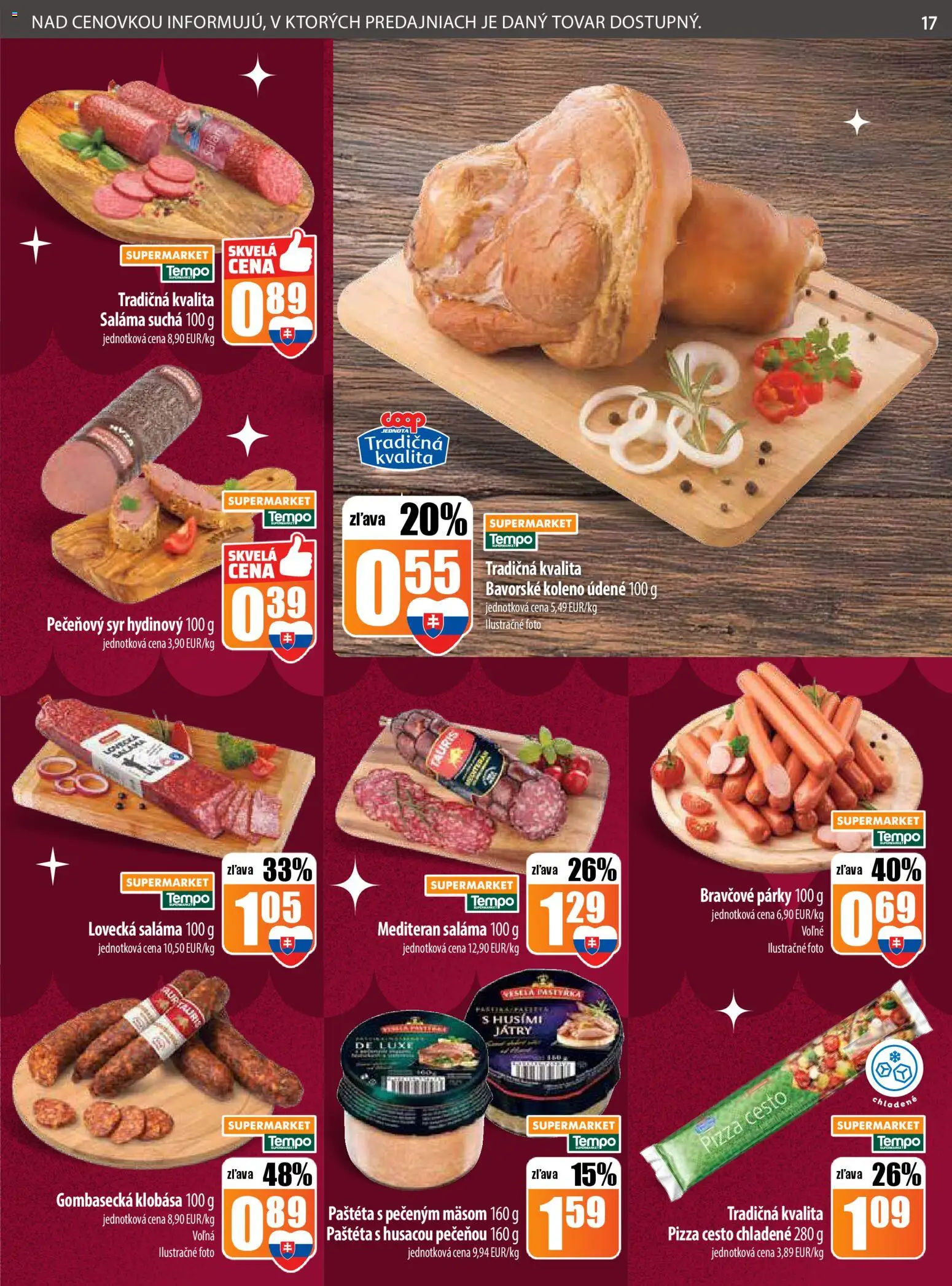 Nové COOP Jednota akcie – leták je platný od 11.12.2025 | Strana: 17 | Produkty: Saláma, Pizza, Klobása, Párky