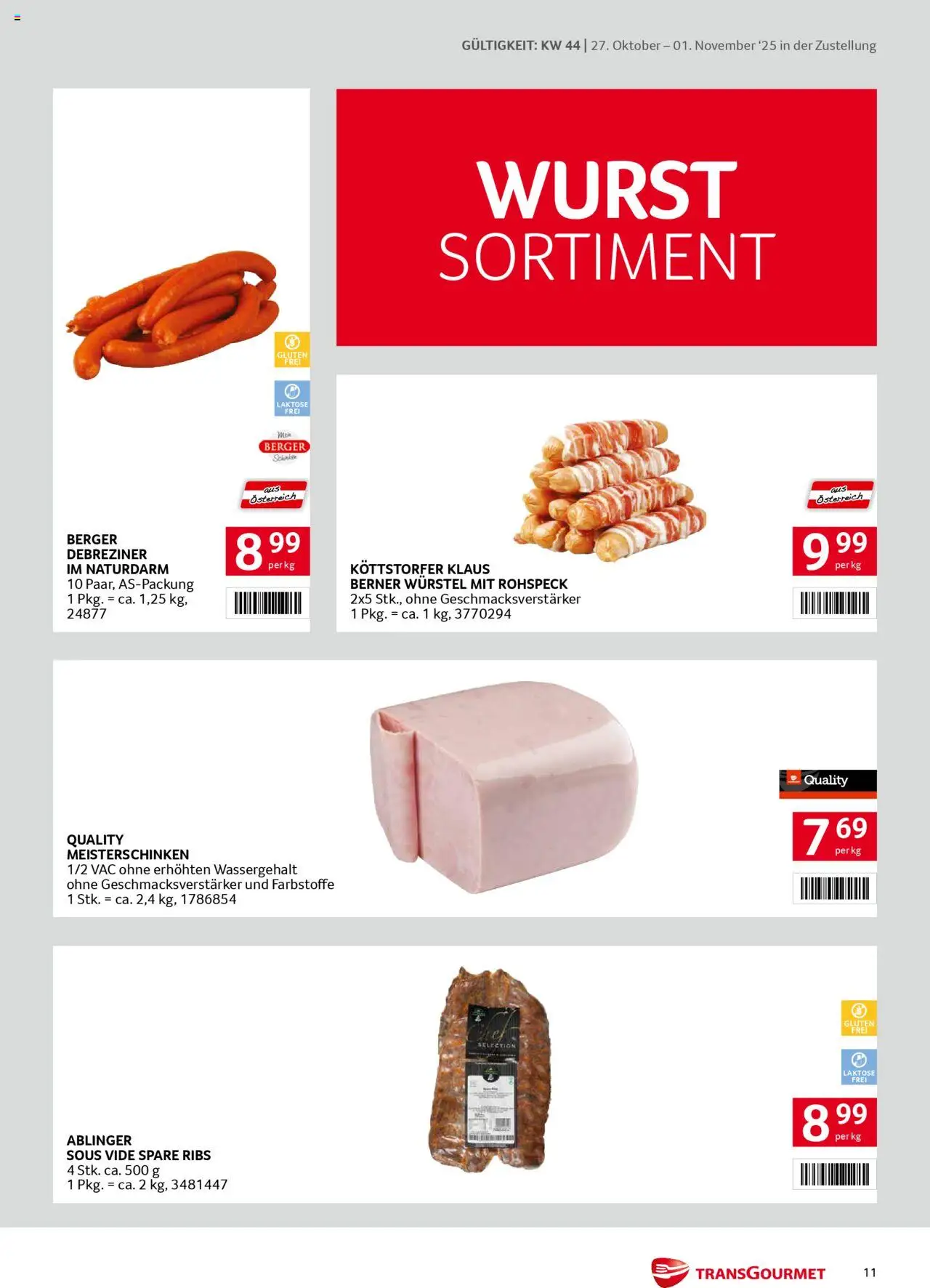 Transgourmet  Zustellaktion gültig ab 27.10.2025 | Seite: 11 | Produkte: Wurst, Schinken