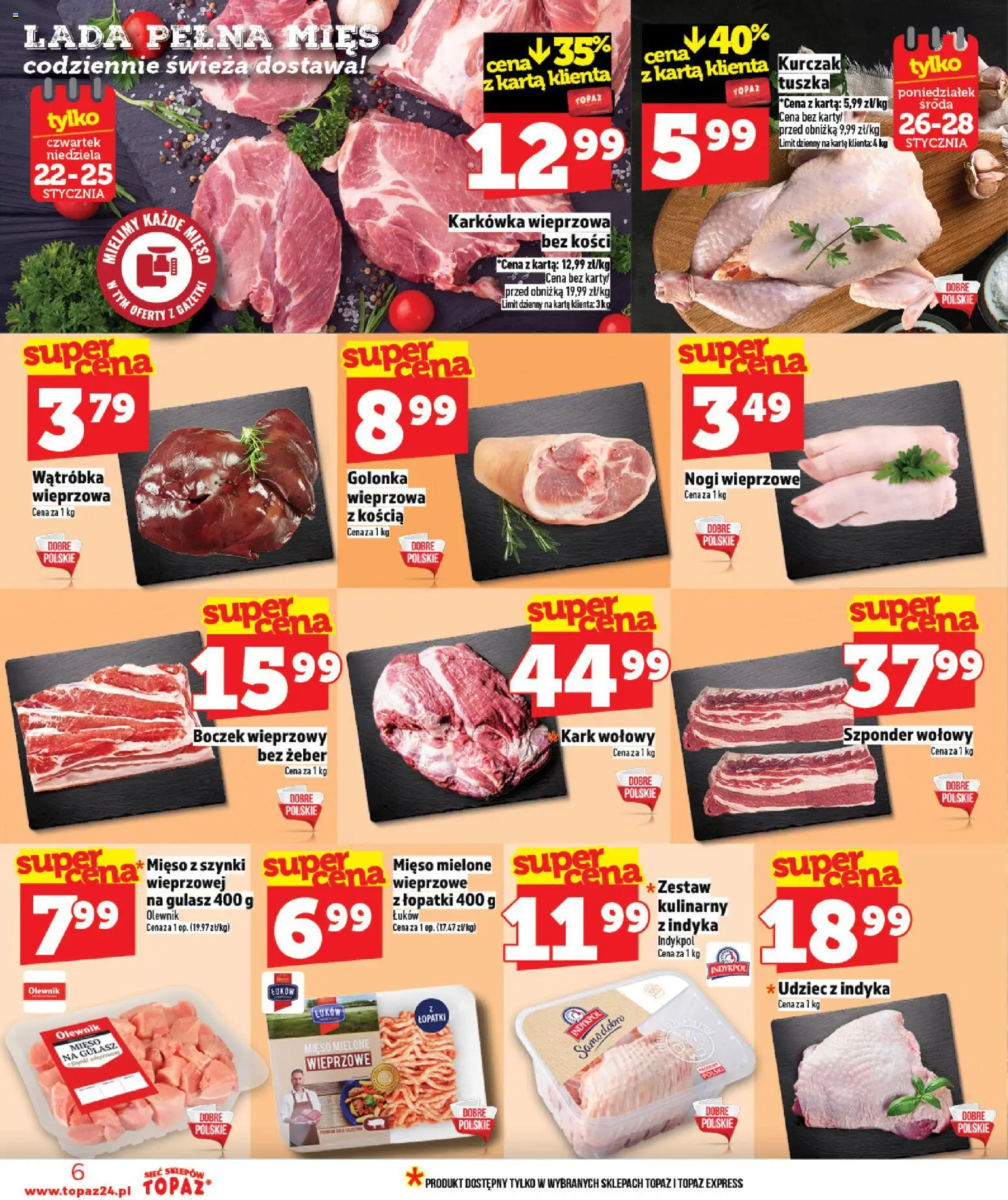 Topaz Gazetka - Ceny małe na stałe od 22.01.2026 | Strona: 6 | Produkty: Karta, Karkówka, Karkówka wieprzowa, Wątróbka