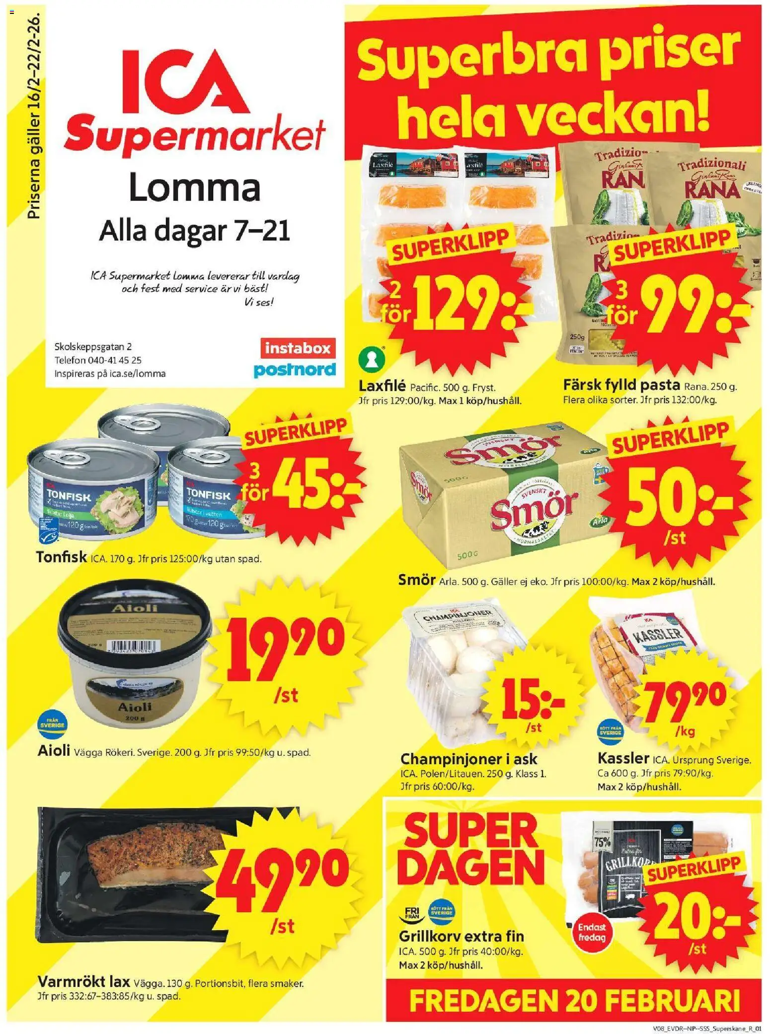 ICA Supermarket reklamblad aktuell från 16.02.2026 | Sida: 1 | Produkter: Galler, Smör, Pasta, Tonfisk