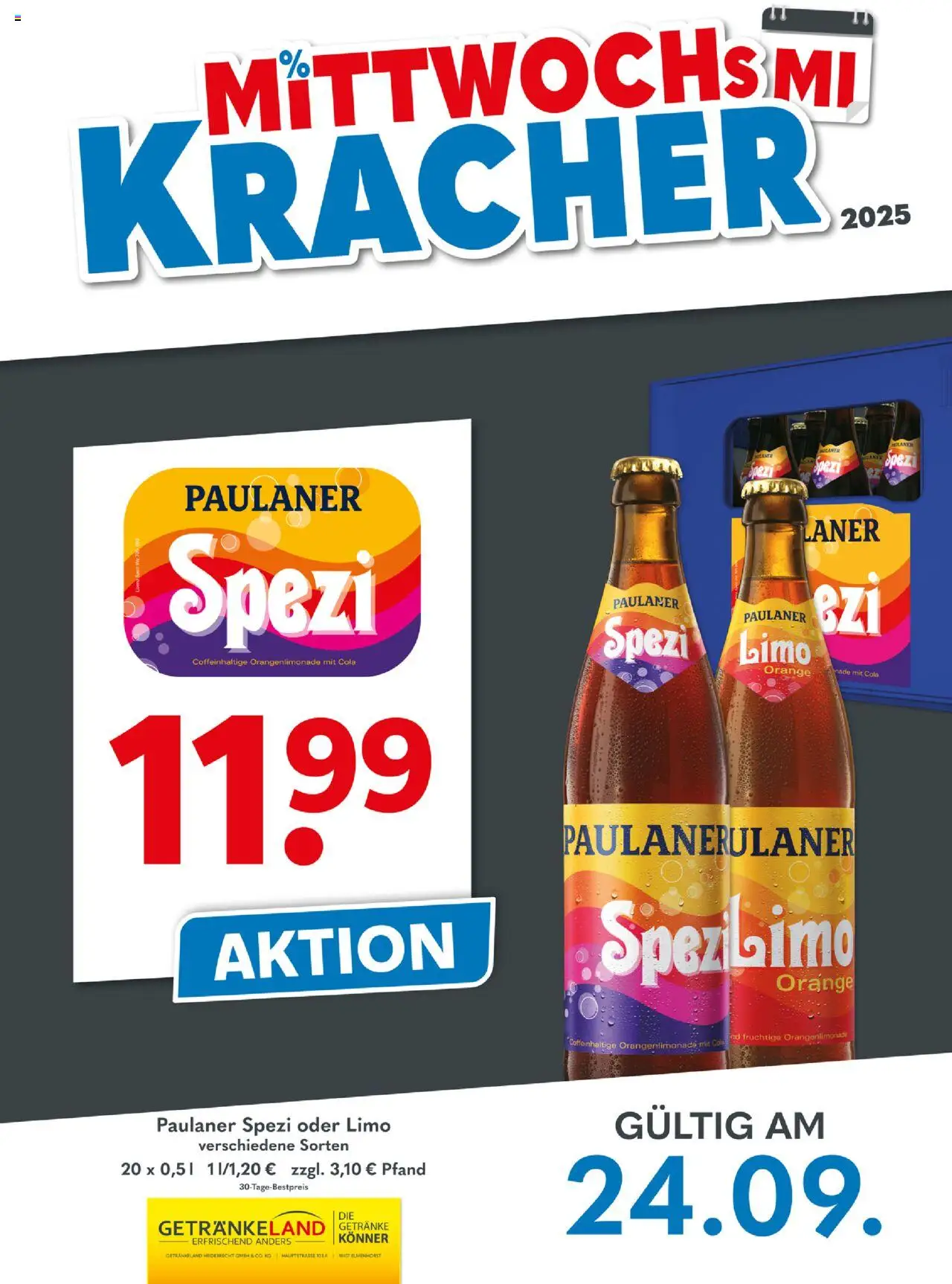 Getränkeland Mittwochs Kracher – gültig ab 24.09.2025 | Seite: 1 | Produkte: Cola, Paulaner spezi, Paulaner