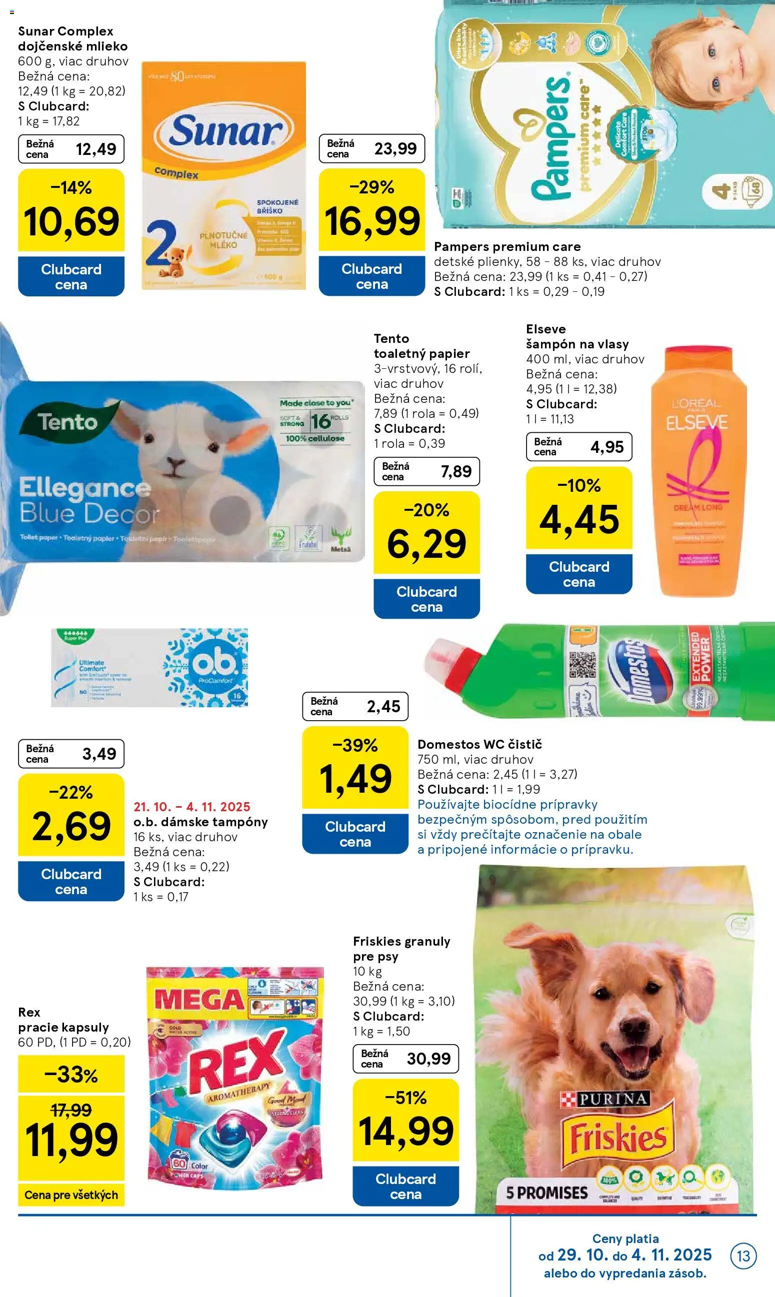 Nové Tesco akcie – leták je platný od 29.10.2025 | Strana: 13 | Produkty: Mlieko, Friskies, Domestos, Pampers