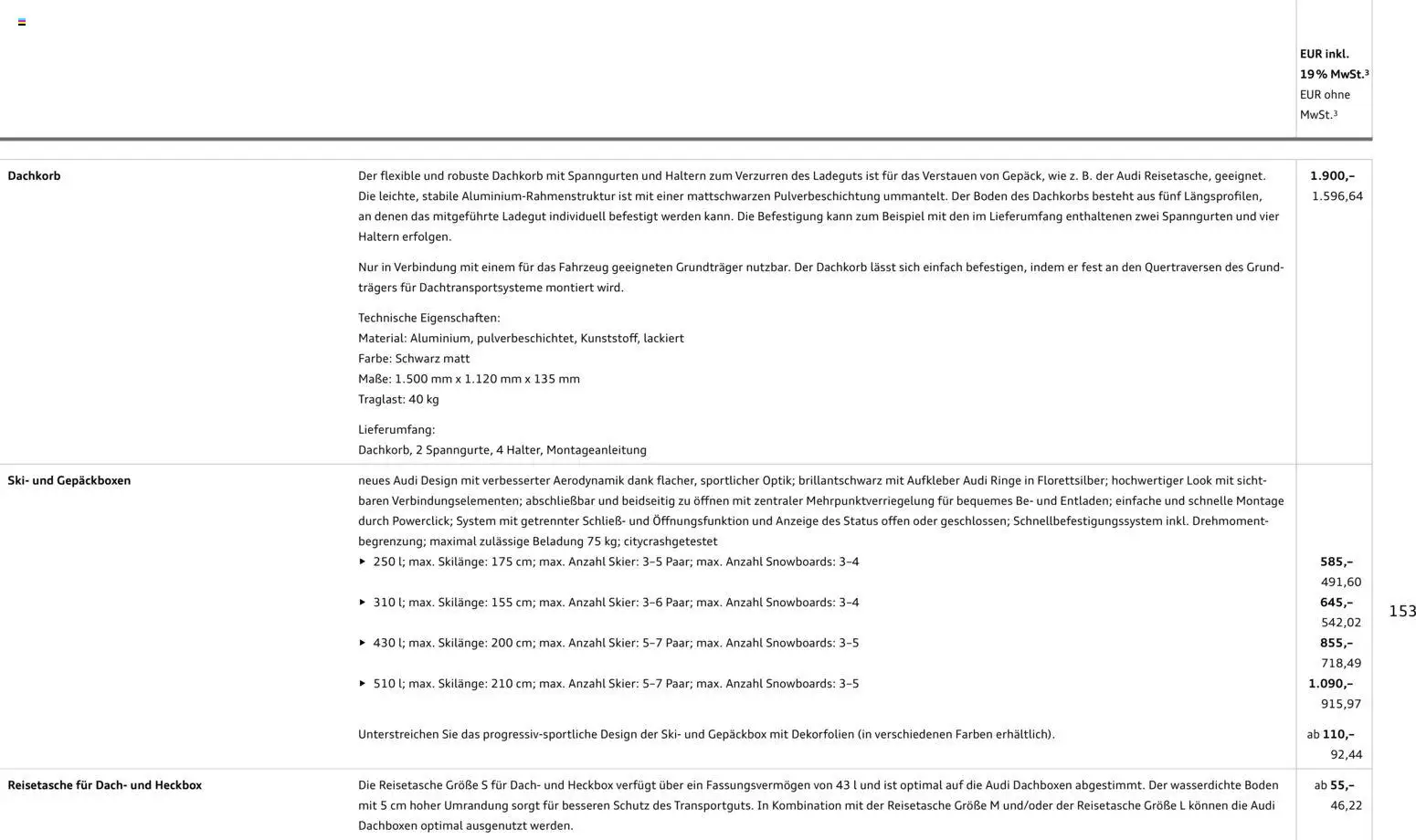 Audi  A6 e-tron – gültig ab 01.10.2025 | Seite: 153 | Produkte: Ski