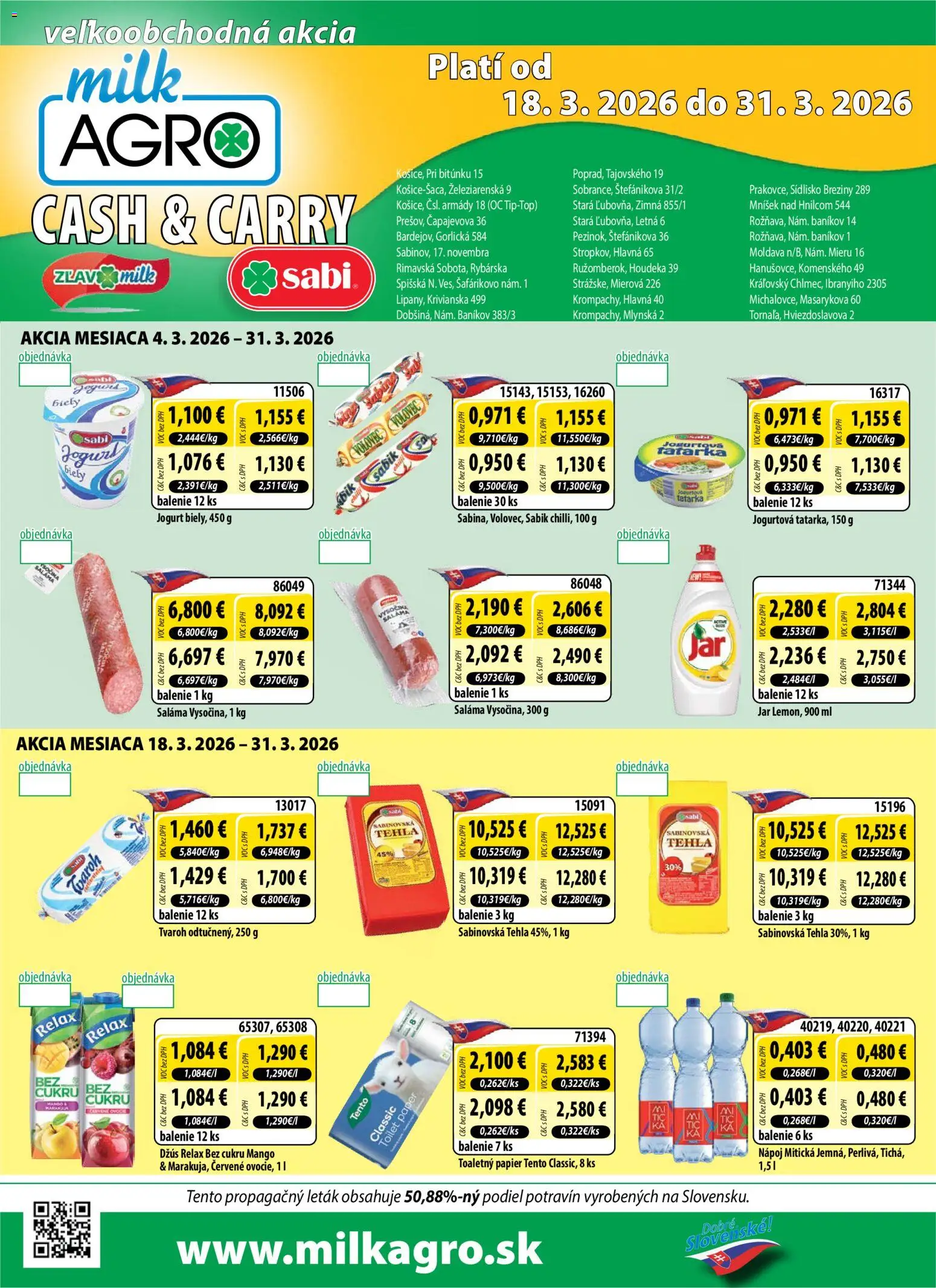 Nové Milk Agro akcie – leták je platný od 18.03.2026 | Strana: 1 | Produkty: Saláma, Džús, Tvaroh, Mitická